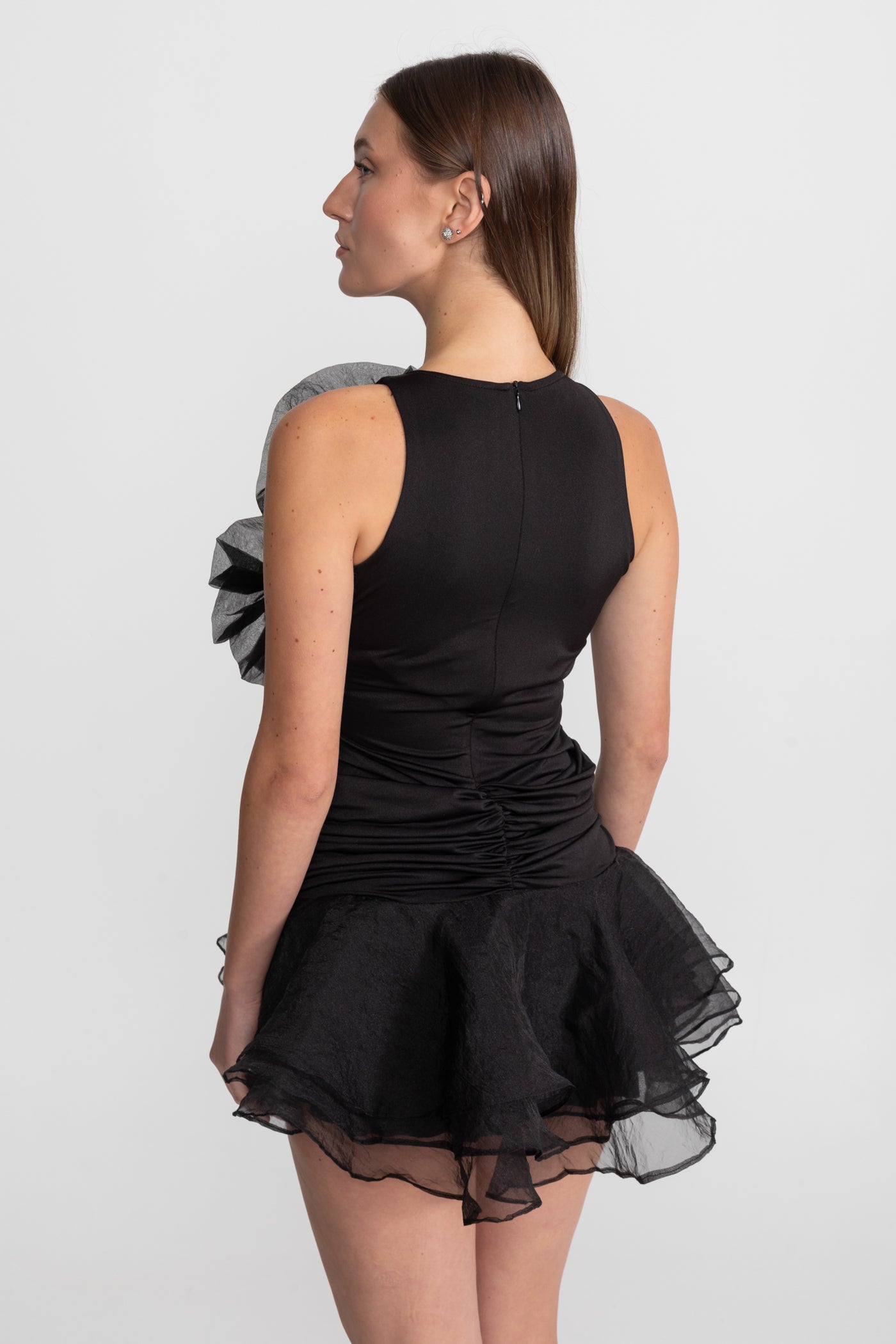 Ruffled Mini Dress with Tulle Appliqué – Black