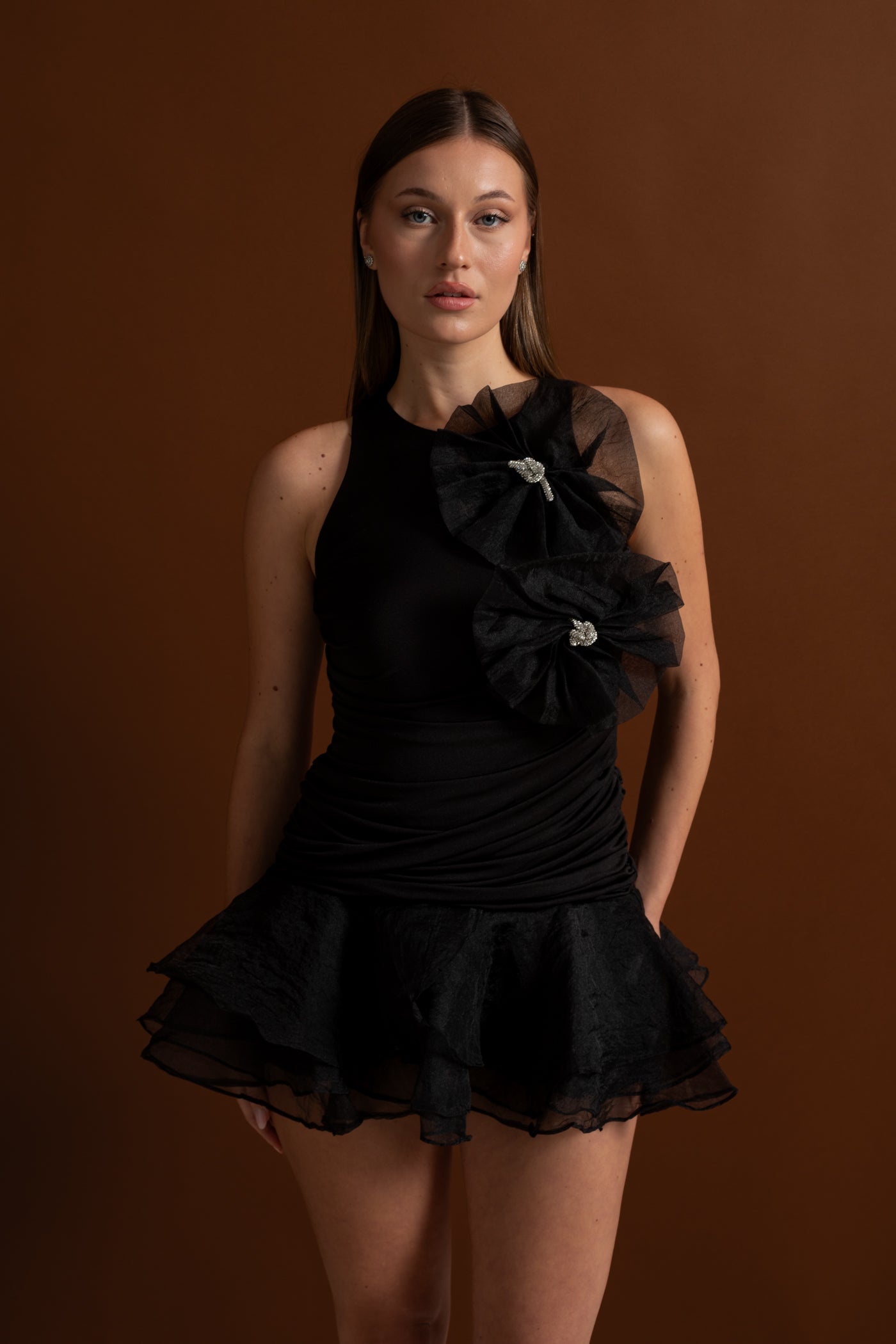 Ruffled Mini Dress with Tulle Appliqué – Black