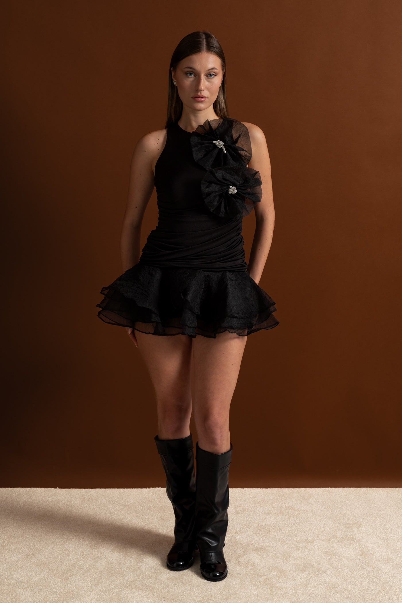 Ruffled Mini Dress with Tulle Appliqué – Black