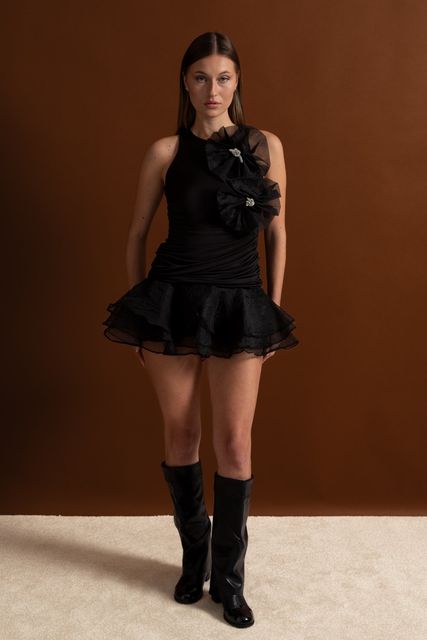 Ruffled Mini Dress with Tulle Appliqué – Black