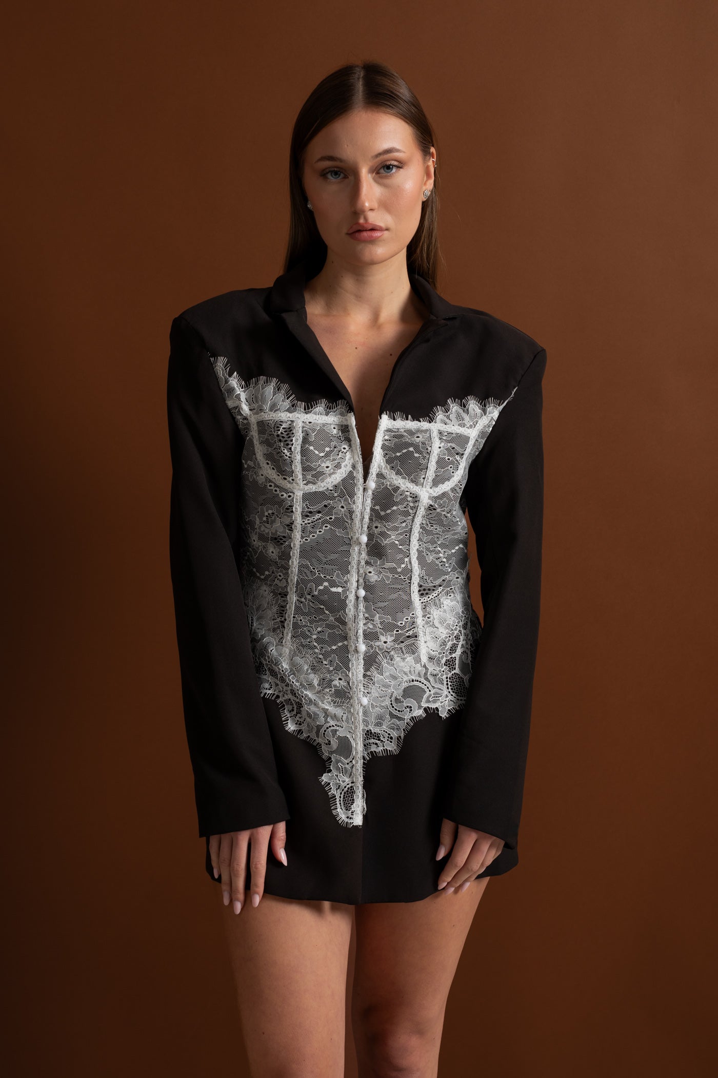 Lace Corset Blazer Dress With Deep V-neckline  – Black