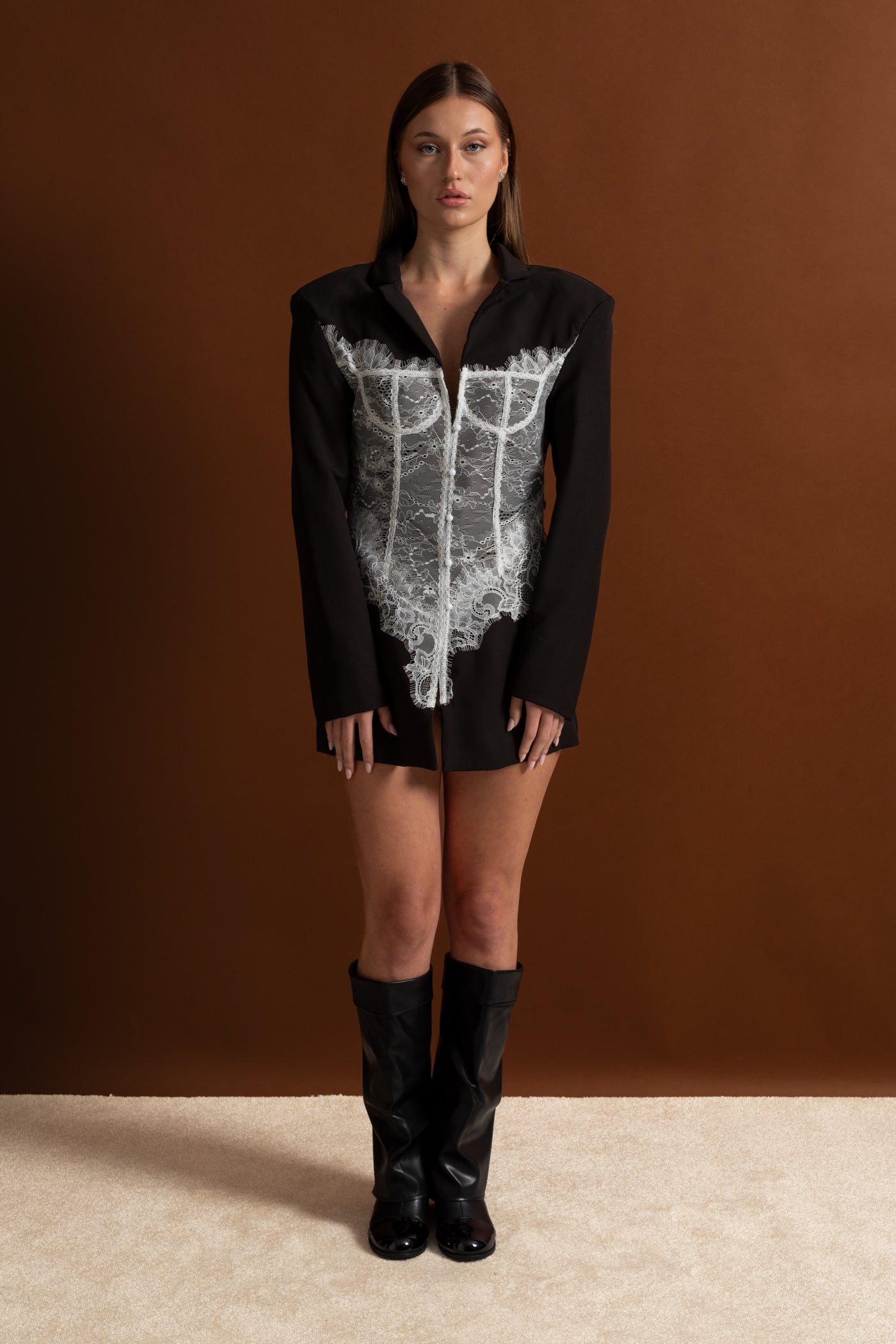Lace Corset Blazer Dress With Deep V-neckline  – Black