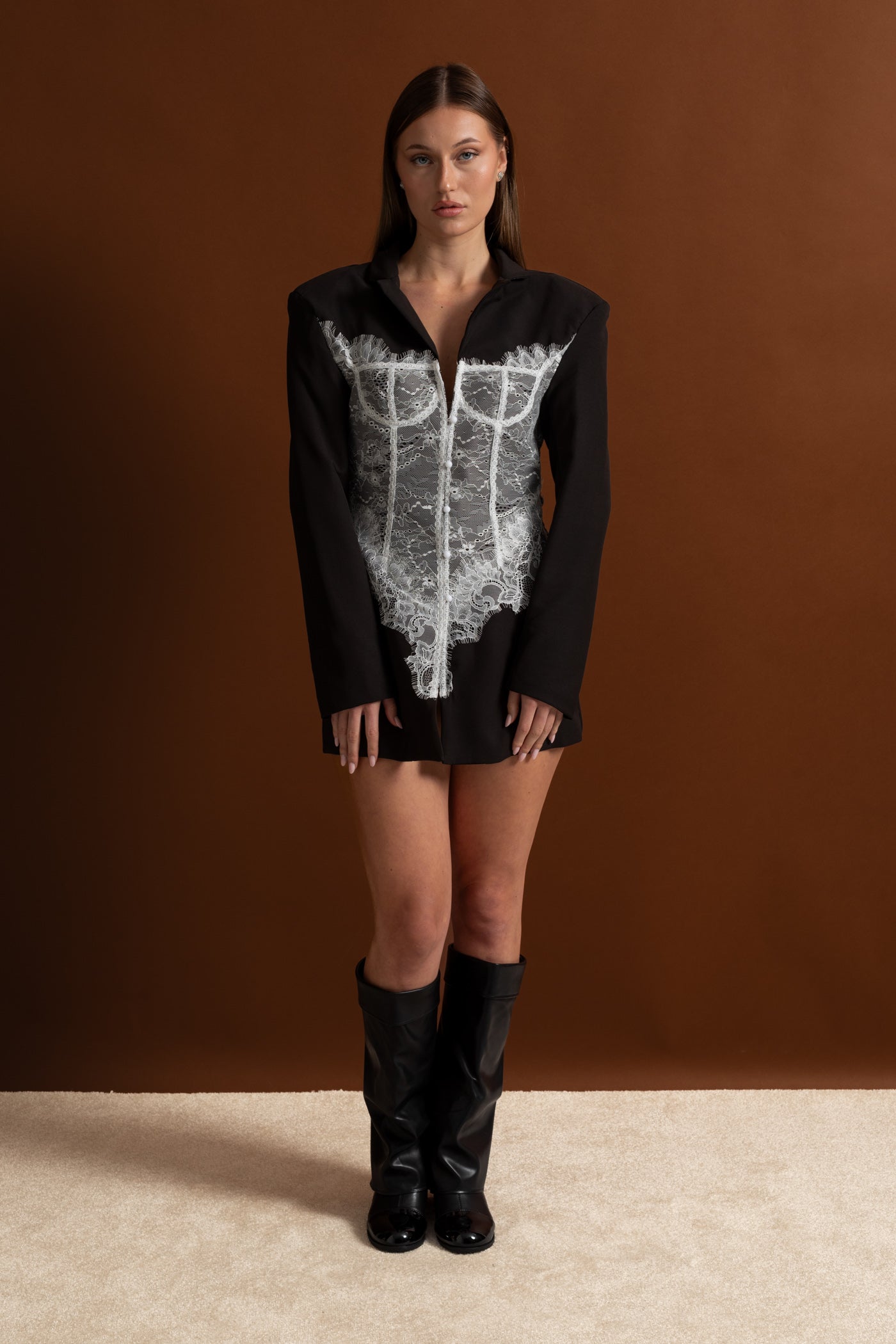 Lace Corset Blazer Dress With Deep V-neckline  – Black