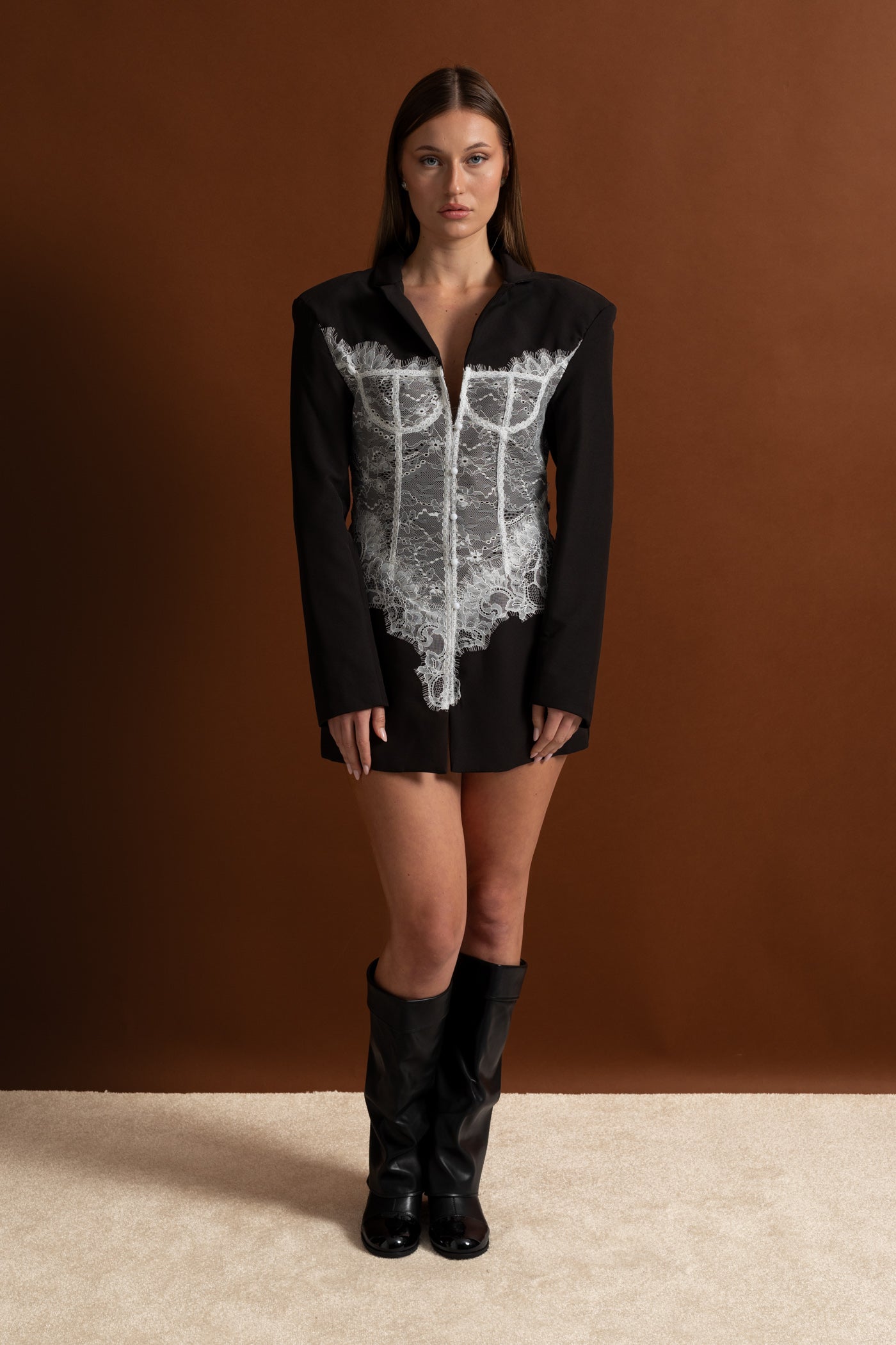 Lace Corset Blazer Dress With Deep V-neckline  – Black