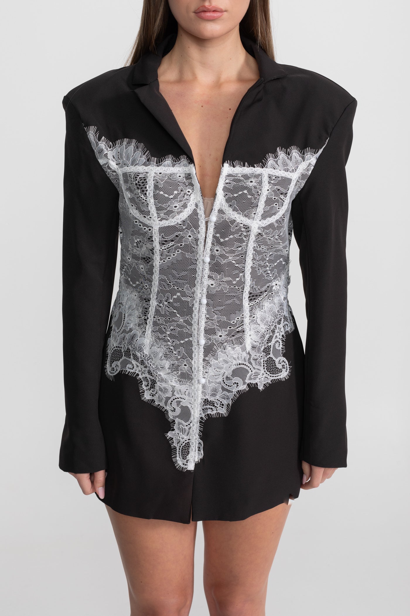Lace Corset Blazer Dress With Deep V-neckline – Black