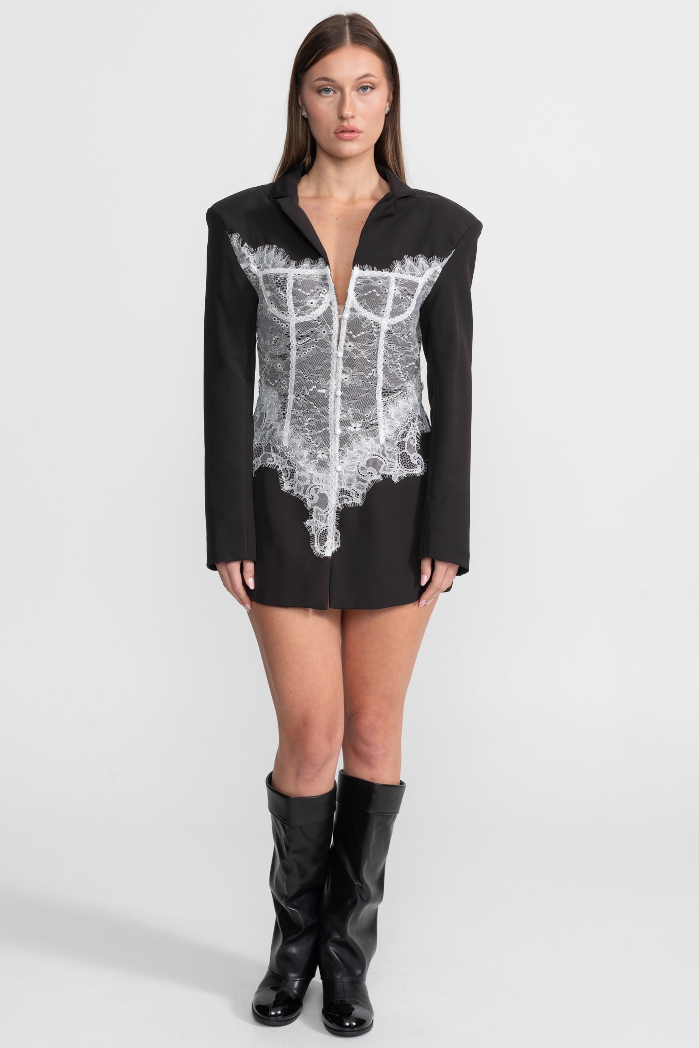 Lace Corset Blazer Dress With Deep V-neckline  – Black