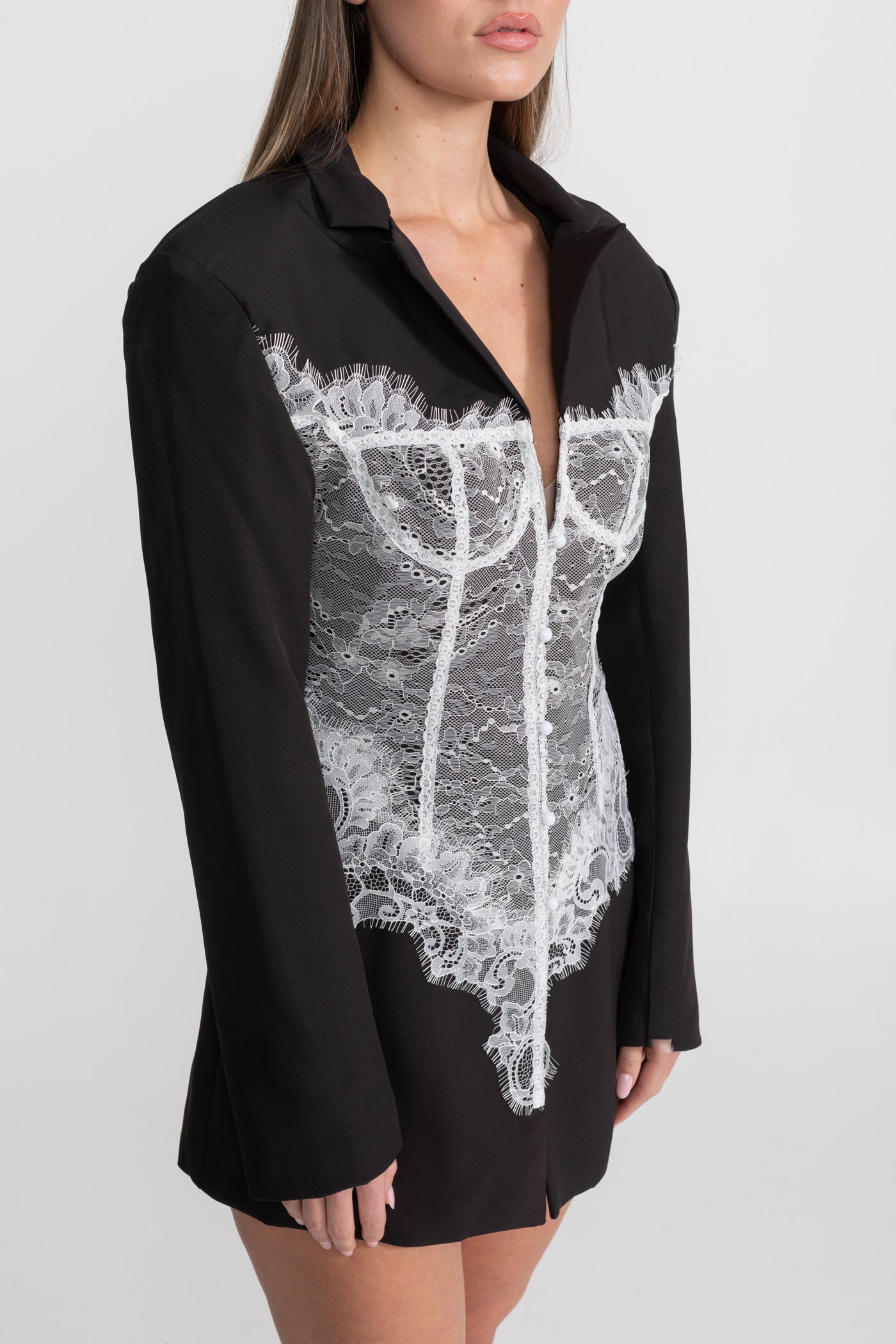 Lace Corset Blazer Dress With Deep V-neckline  – Black
