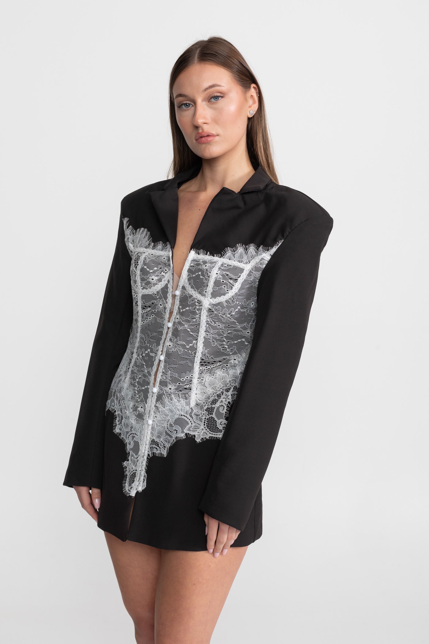 Lace Corset Blazer Dress With Deep V-neckline  – Black