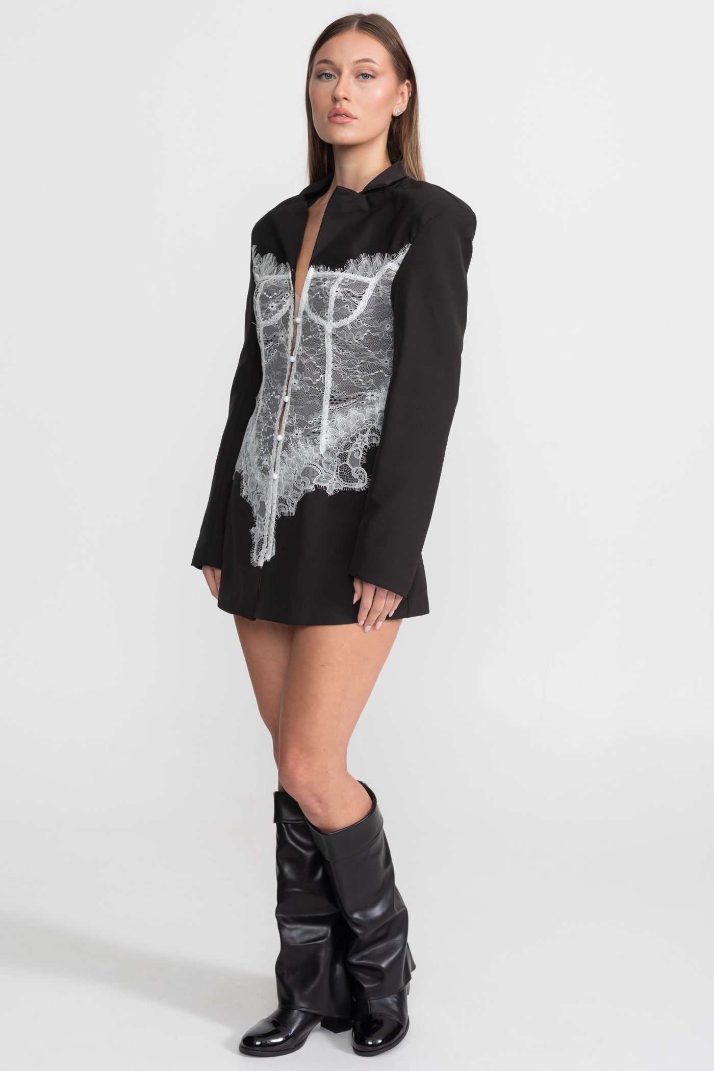 Lace Corset Blazer Dress With Deep V-neckline  – Black