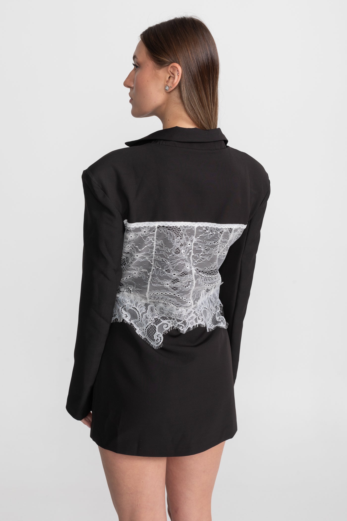 Lace Corset Blazer Dress With Deep V-neckline  – Black