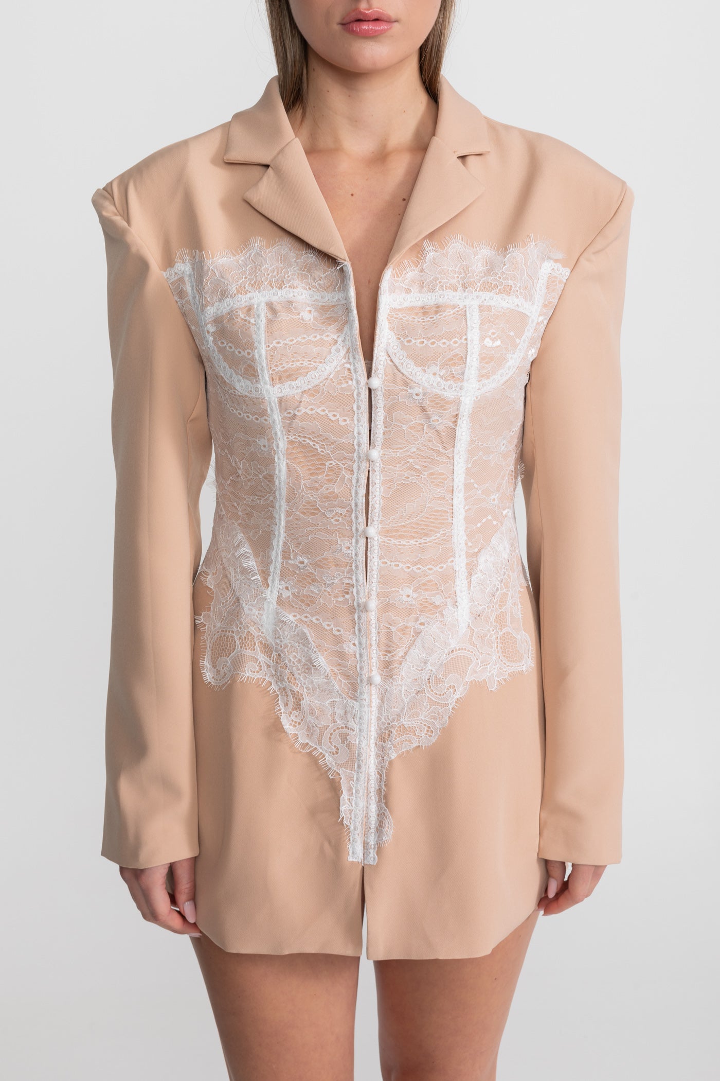 Lace Corset Blazer Dress With Deep V-neckline  – Peach