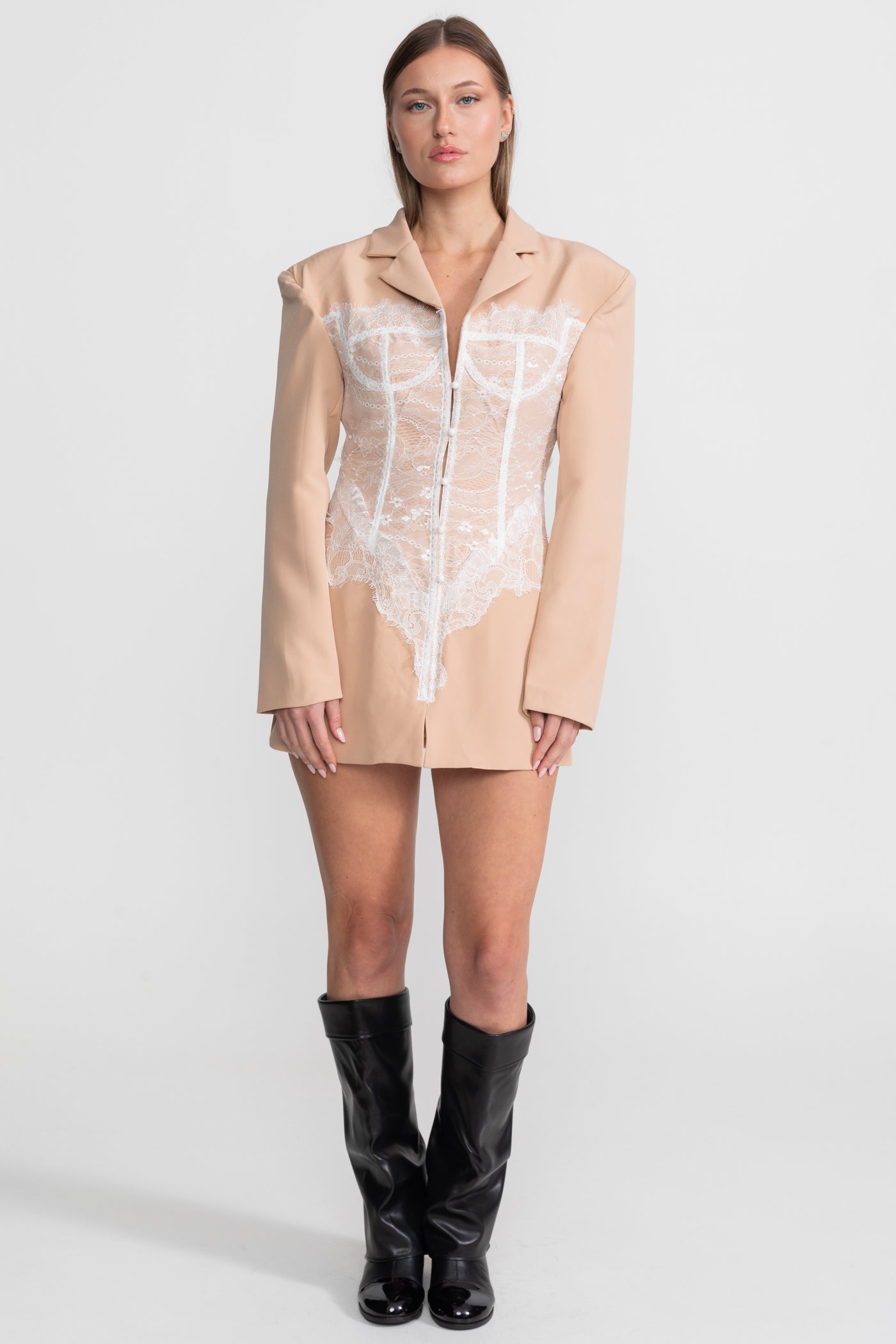 Lace Corset Blazer Dress With Deep V-neckline  – Peach