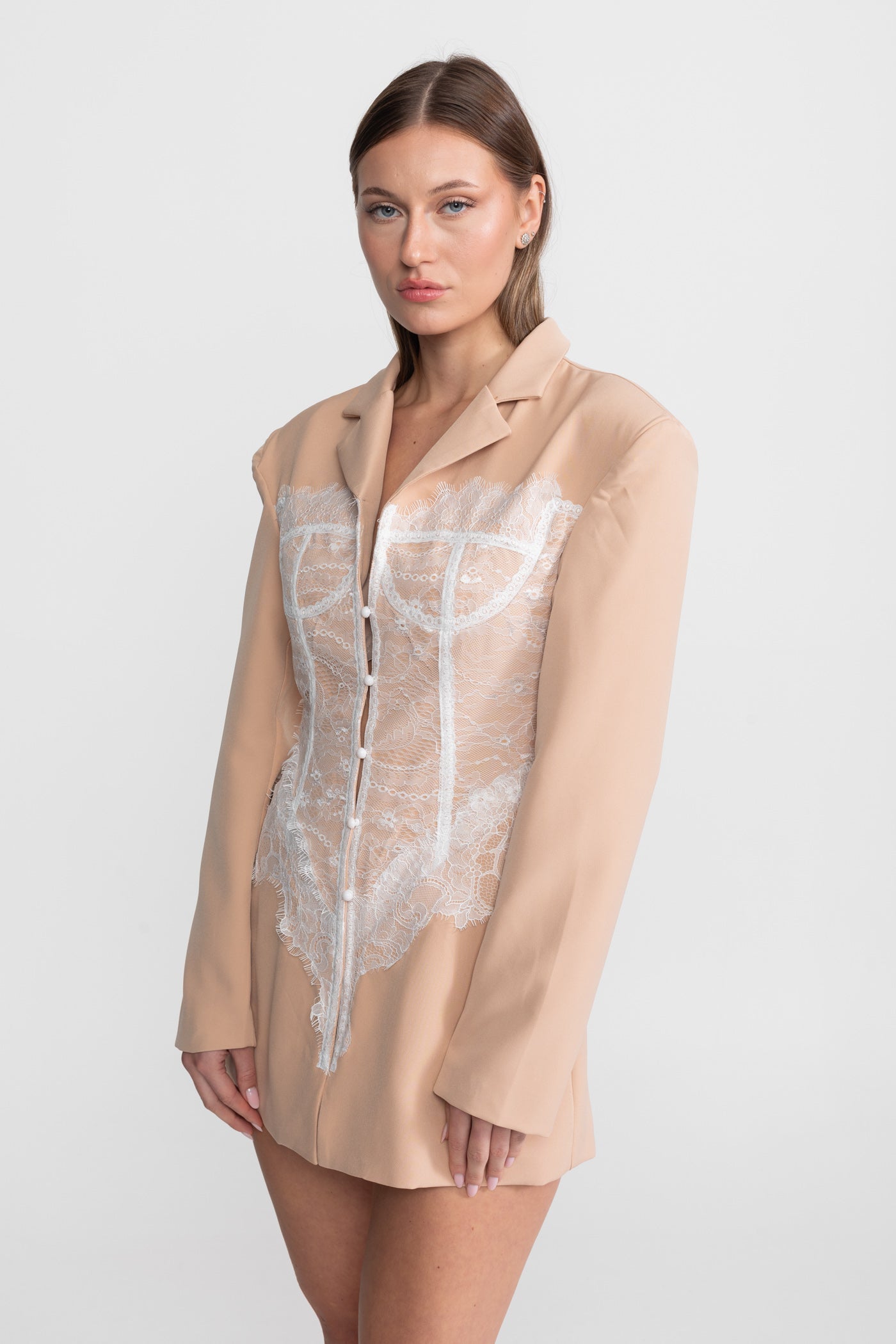 Lace Corset Blazer Dress With Deep V-neckline  – Peach