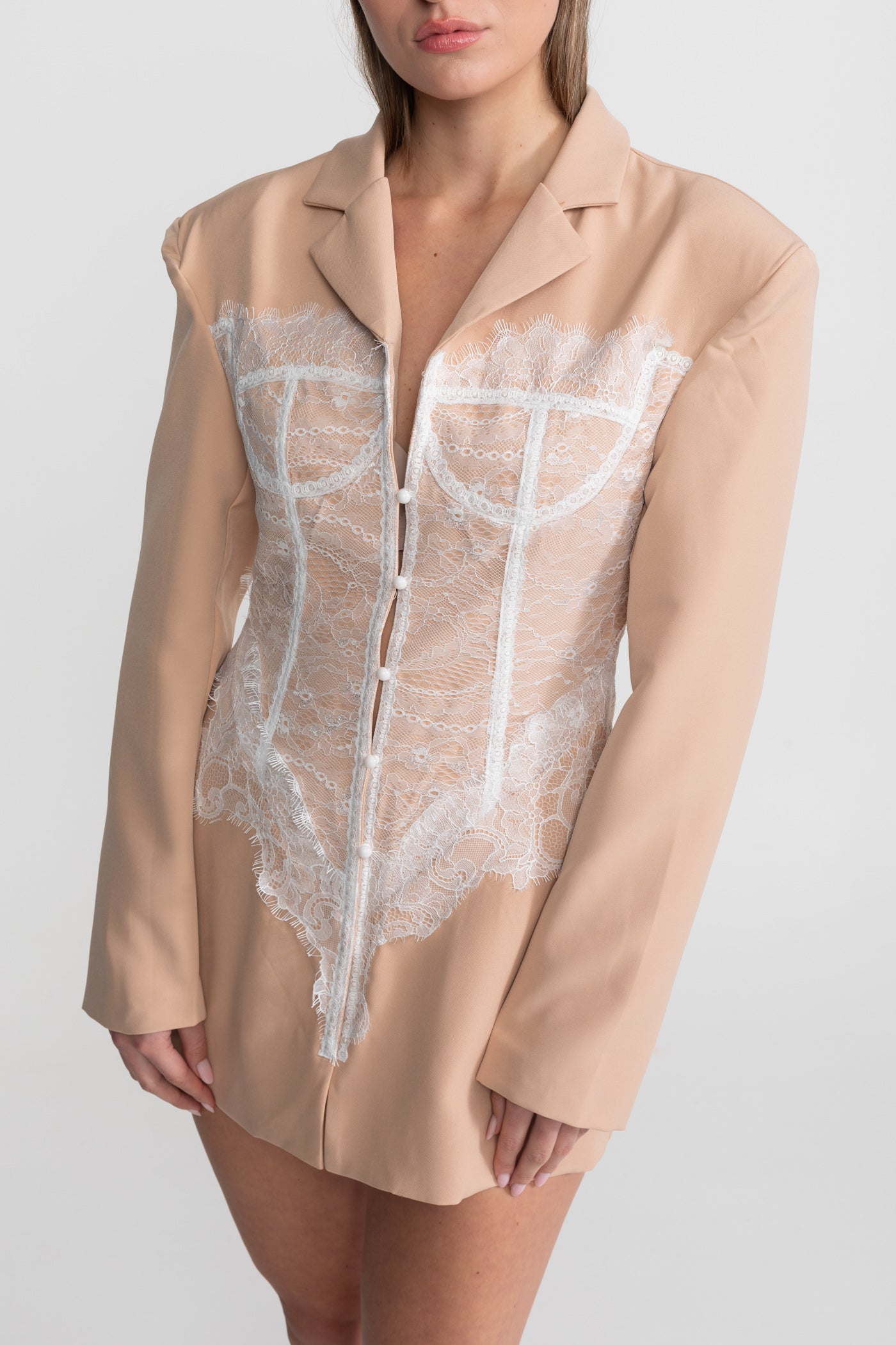 Lace Corset Blazer Dress With Deep V-neckline  – Peach
