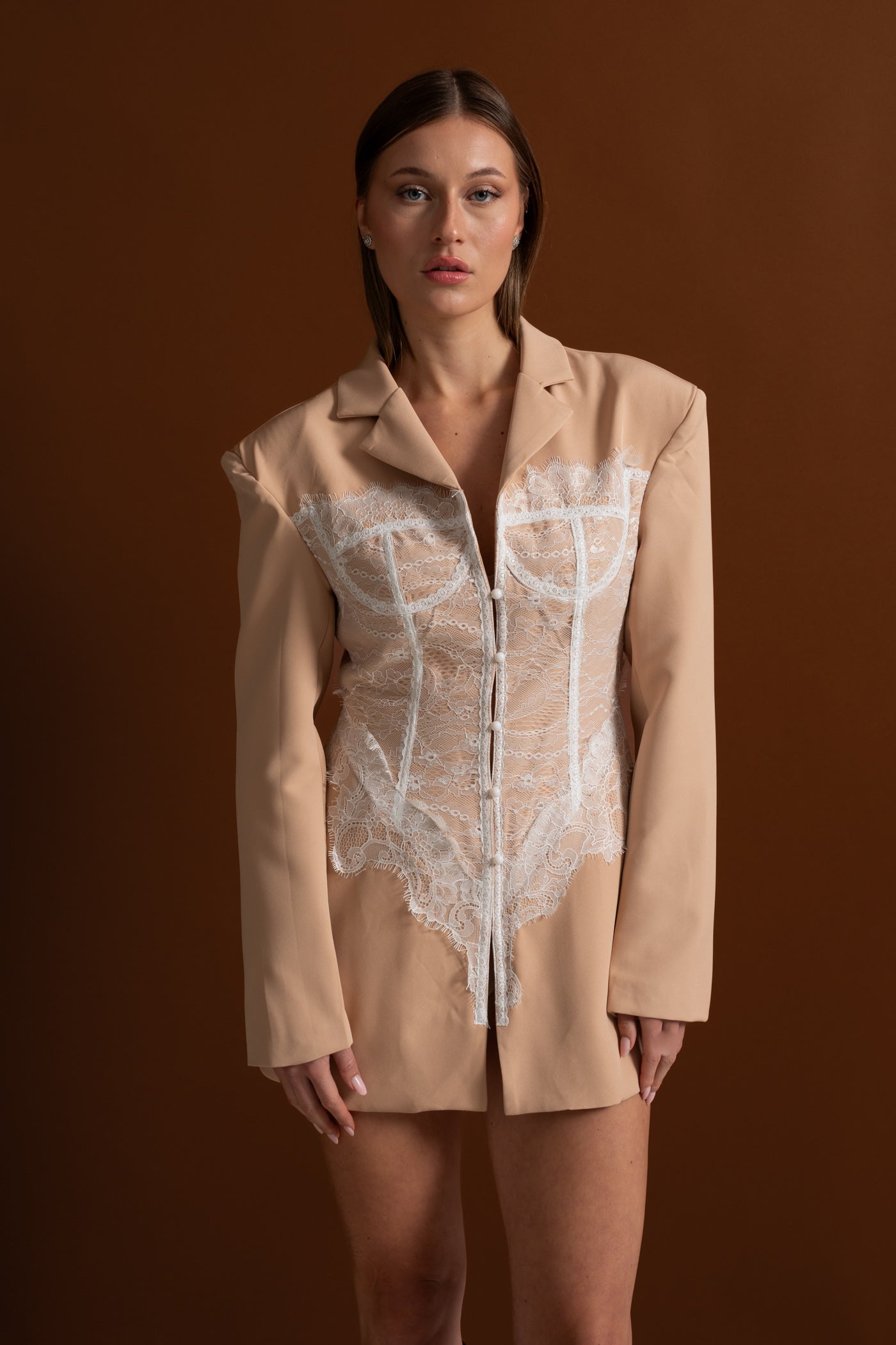 Lace Corset Blazer Dress With Deep V-neckline  – Peach