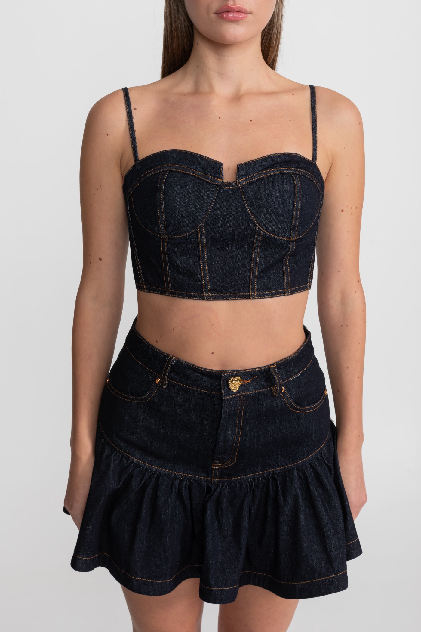 Denim Bustier Co-ord Set With Contrasting Stitching – Indigo
