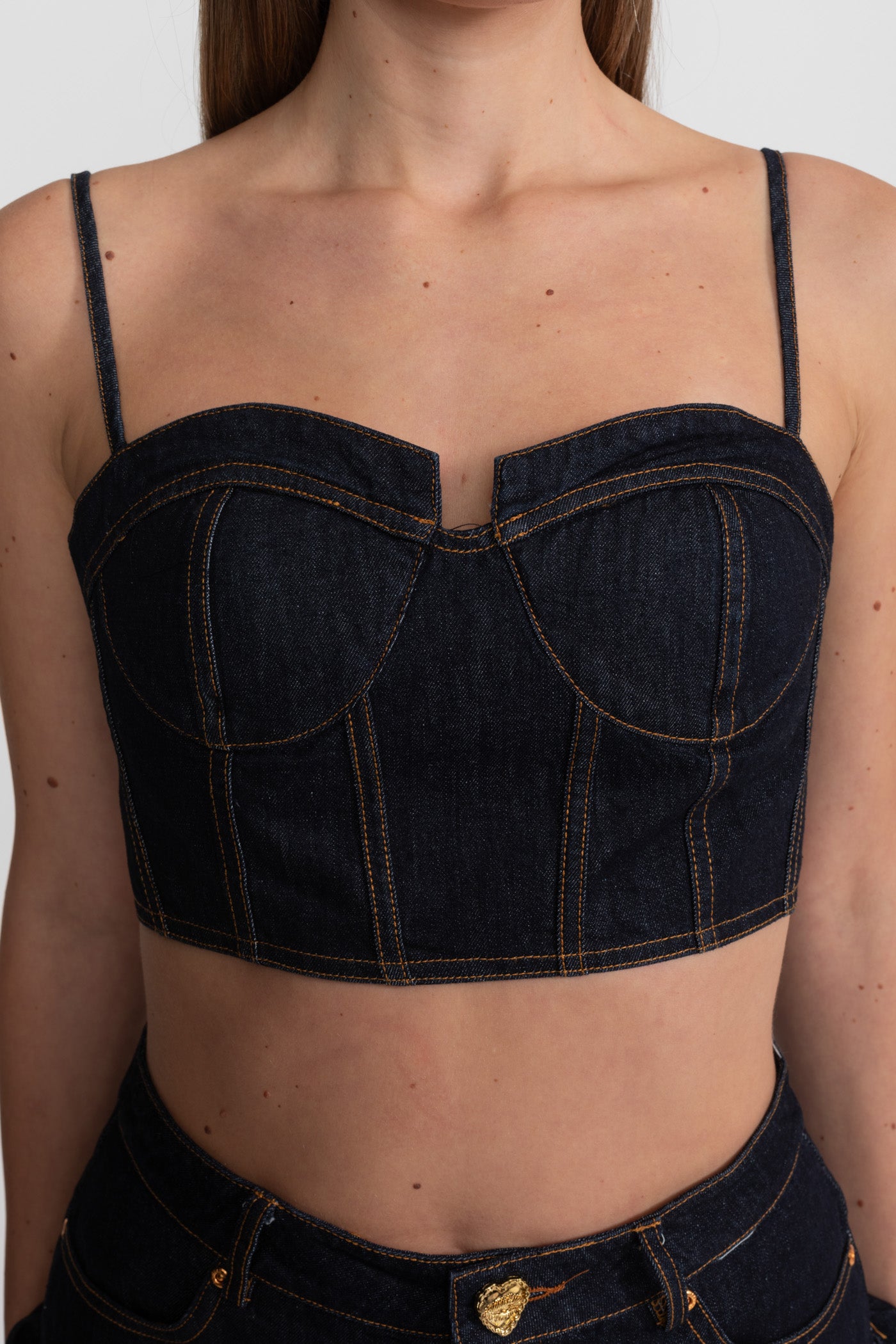 Denim Bustier Co-ord Set With Contrasting Stitching – Indigo