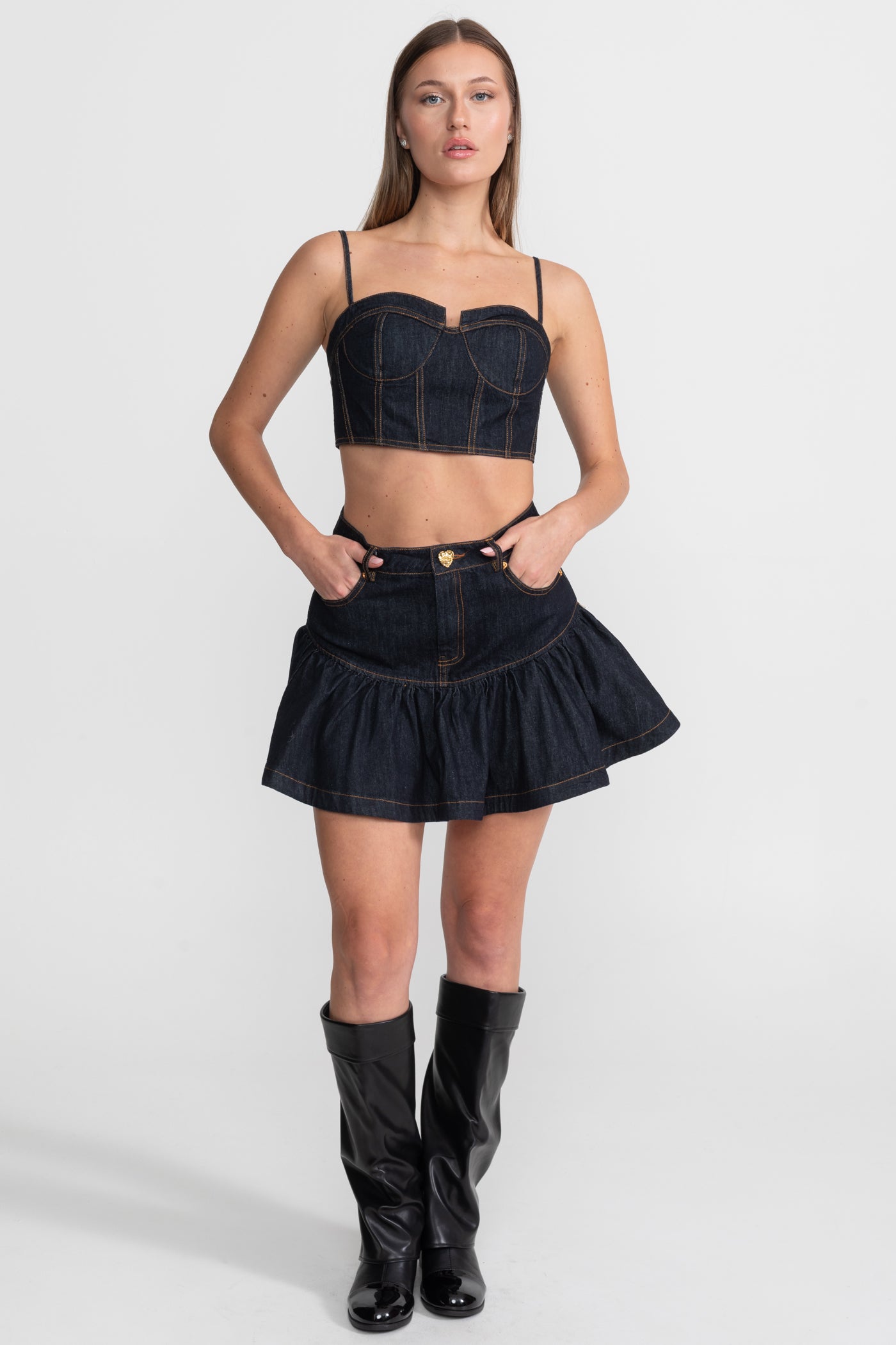 Denim Bustier Co-ord Set With Contrasting Stitching – Indigo