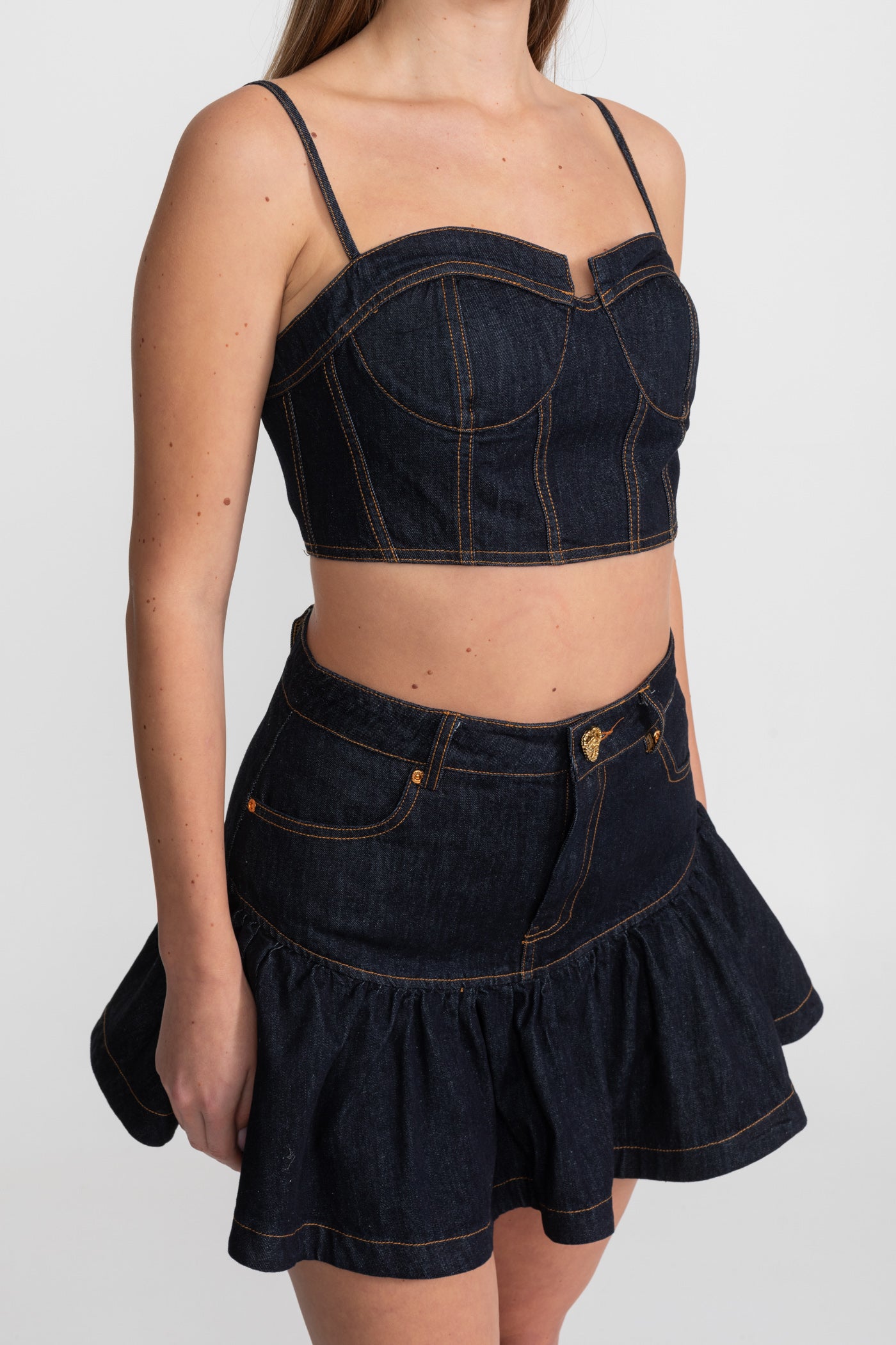 Denim Bustier Co-ord Set With Contrasting Stitching – Indigo