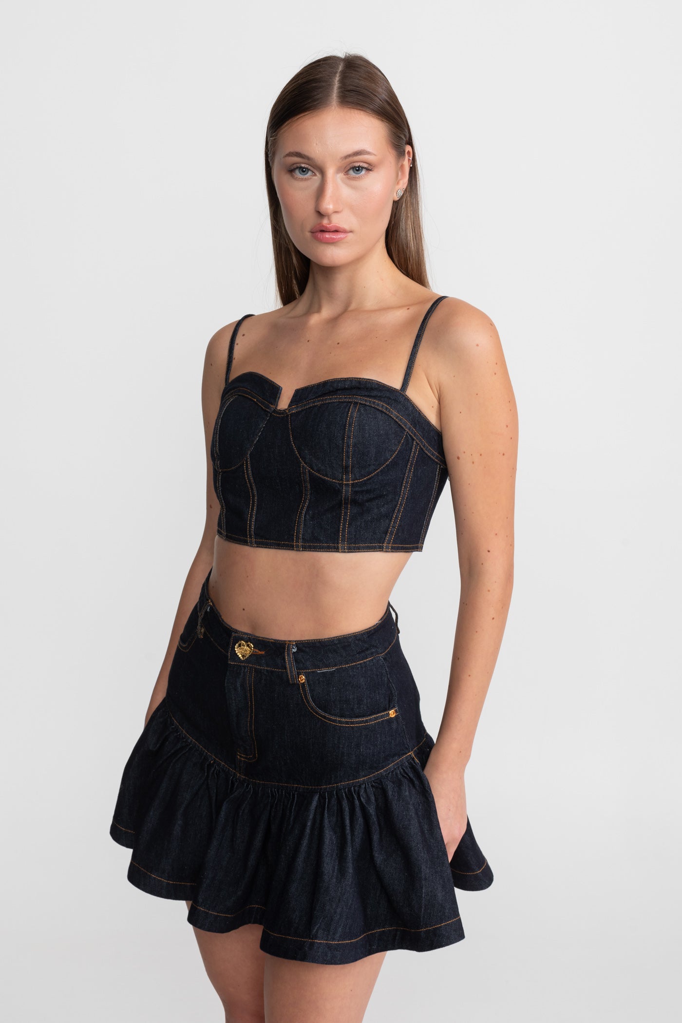 Denim Bustier Co-ord Set With Contrasting Stitching – Indigo