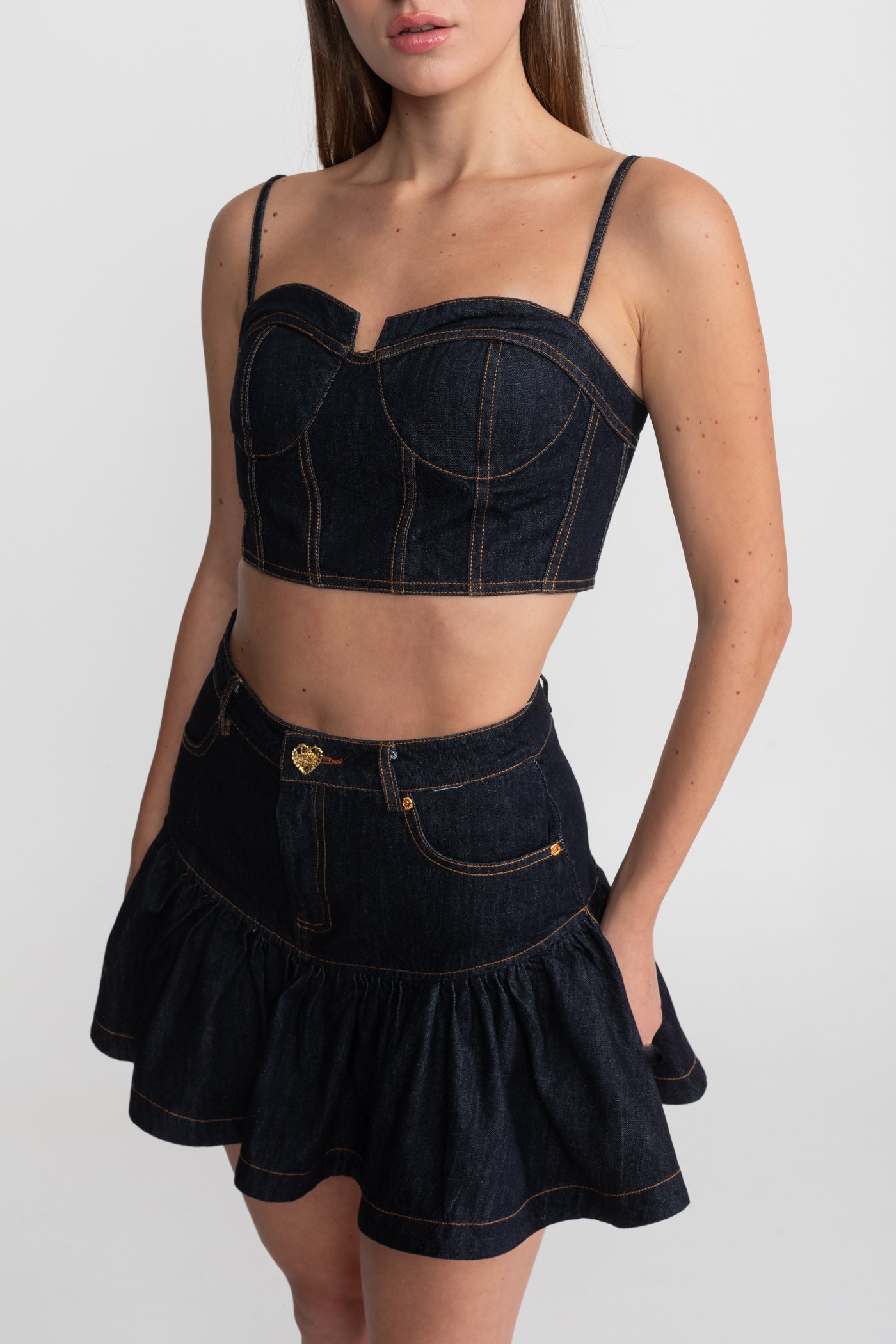 Denim Bustier Co-ord Set With Contrasting Stitching – Indigo