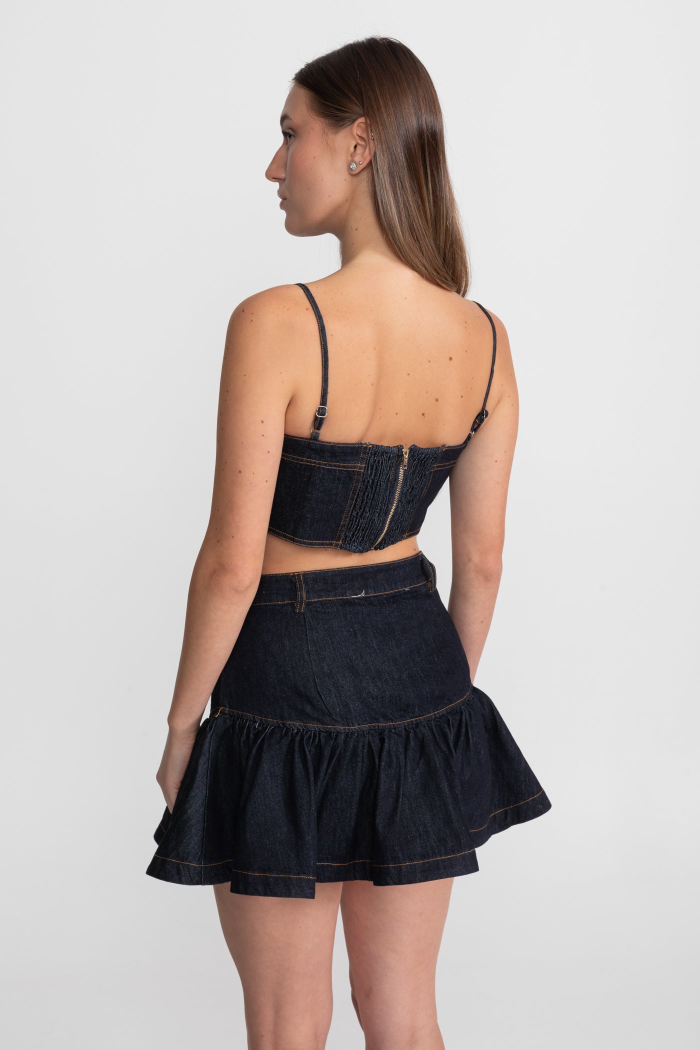 Denim Bustier Co-ord Set With Contrasting Stitching – Indigo