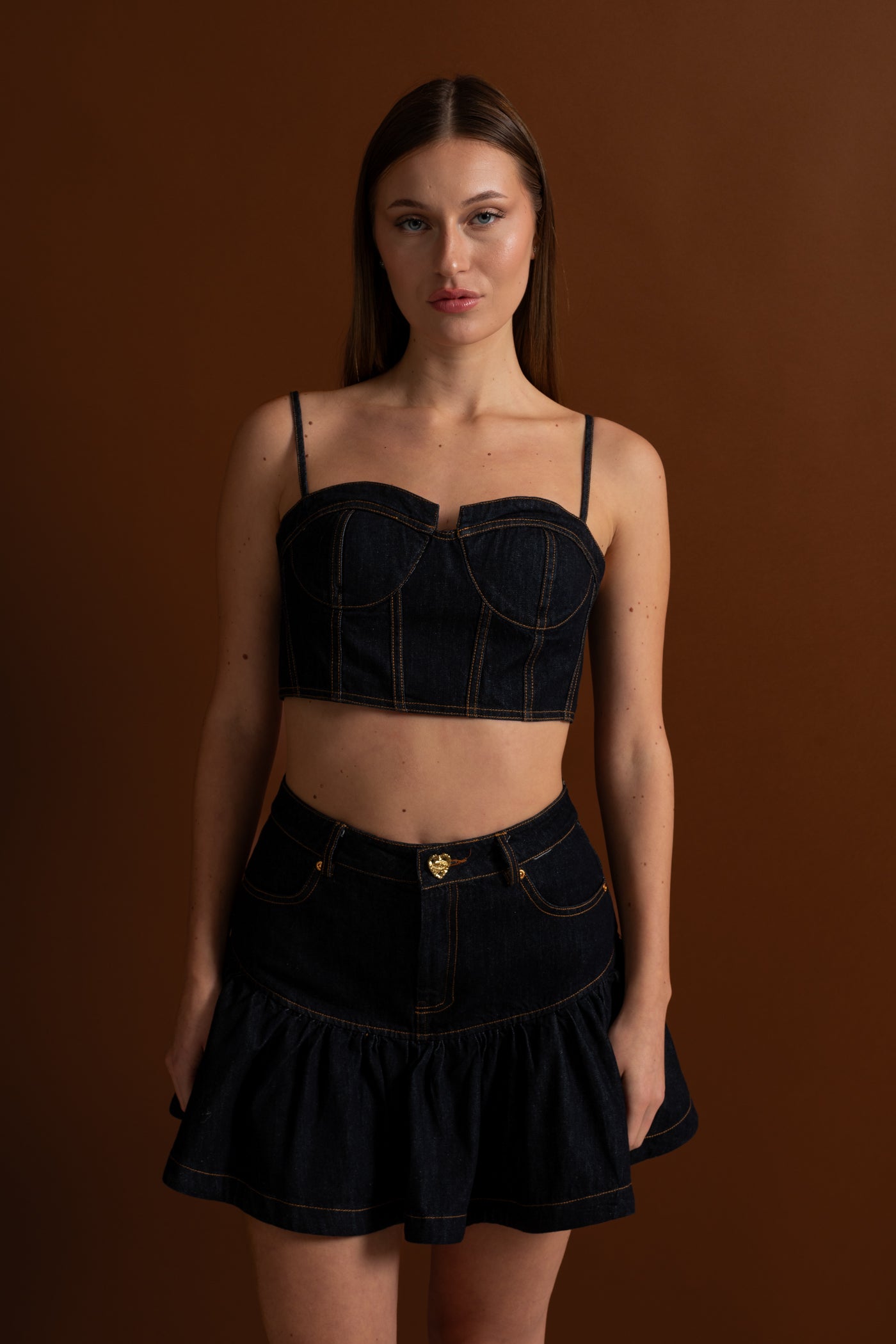 Denim Bustier Co-ord Set With Contrasting Stitching – Indigo