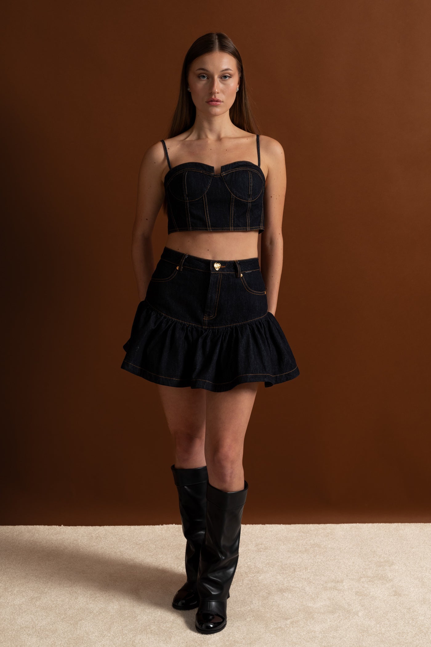 Denim Bustier Co-ord Set With Contrasting Stitching – Indigo