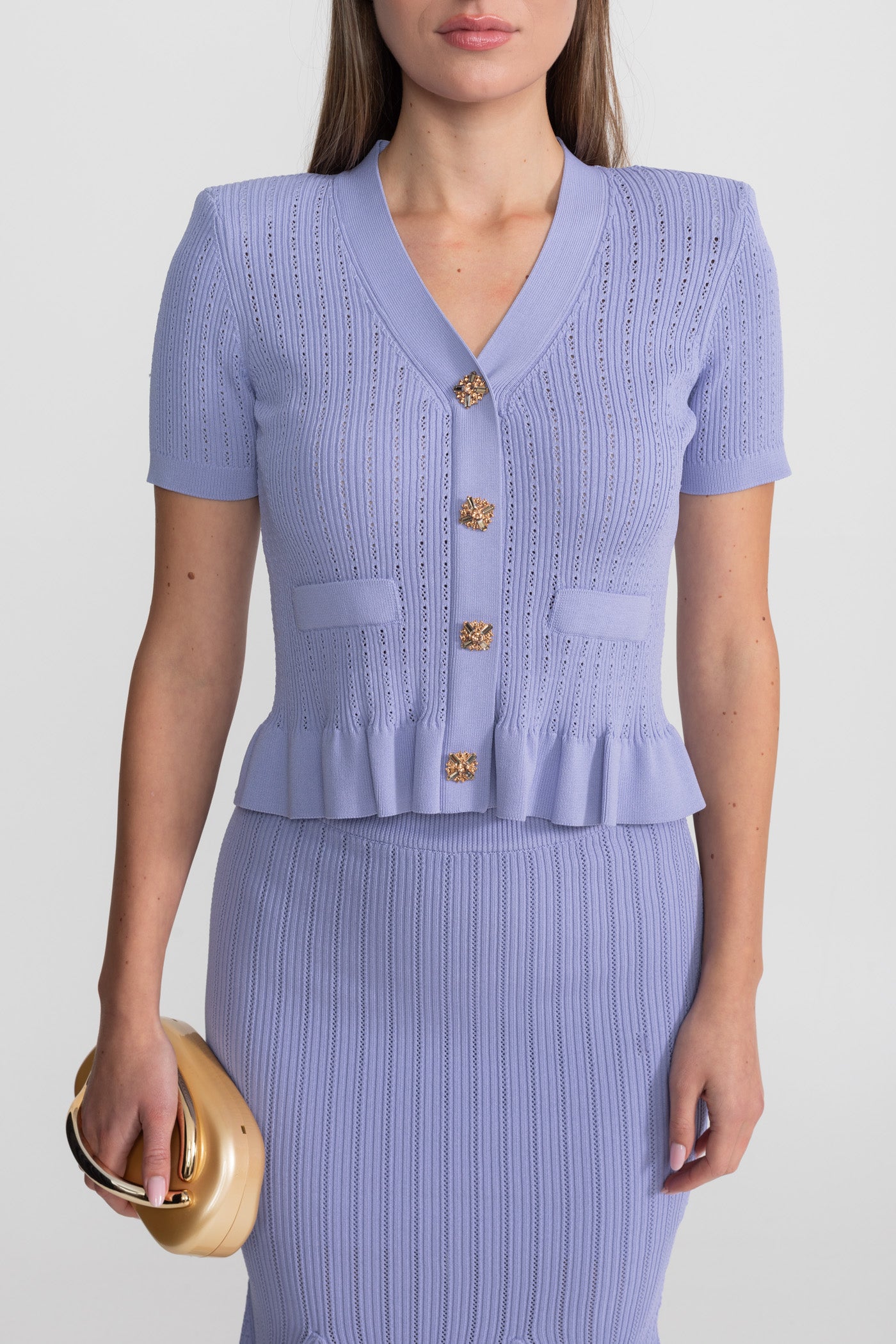 Knit Midi Dress with Peplum Waist and Gold Buttons  – Lilac