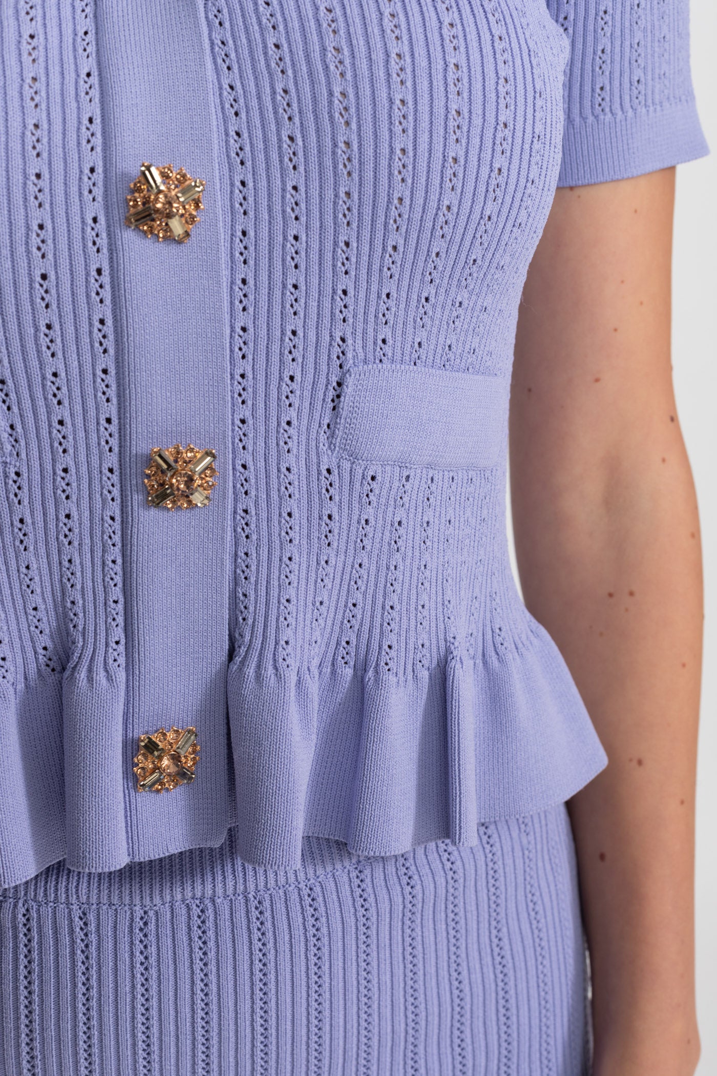 Knit Midi Dress with Peplum Waist and Gold Buttons  – Lilac