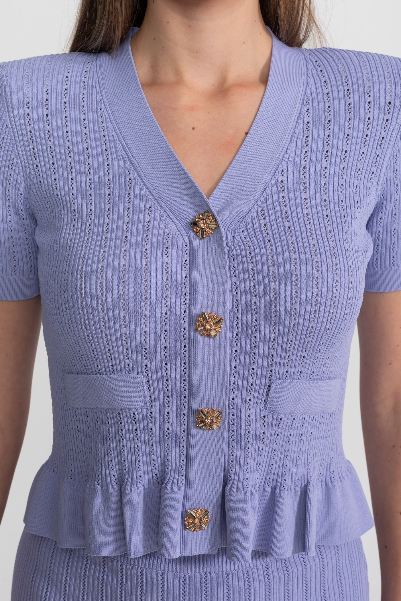 Knit Midi Dress with Peplum Waist and Gold Buttons  – Lilac