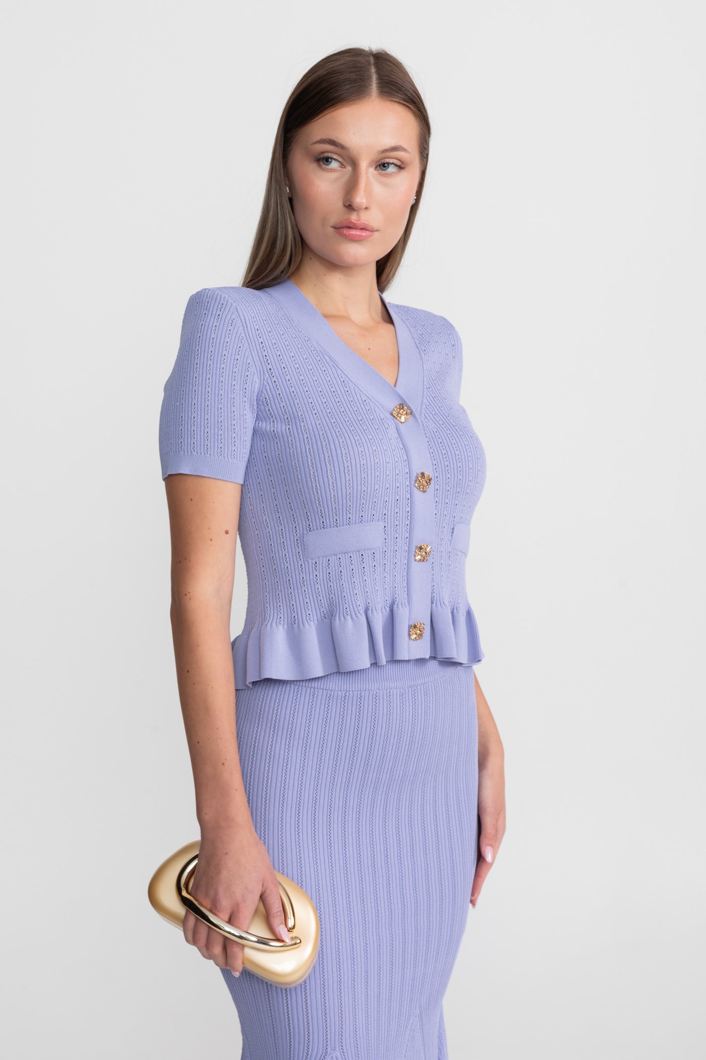 Knit Midi Dress with Peplum Waist and Gold Buttons  – Lilac