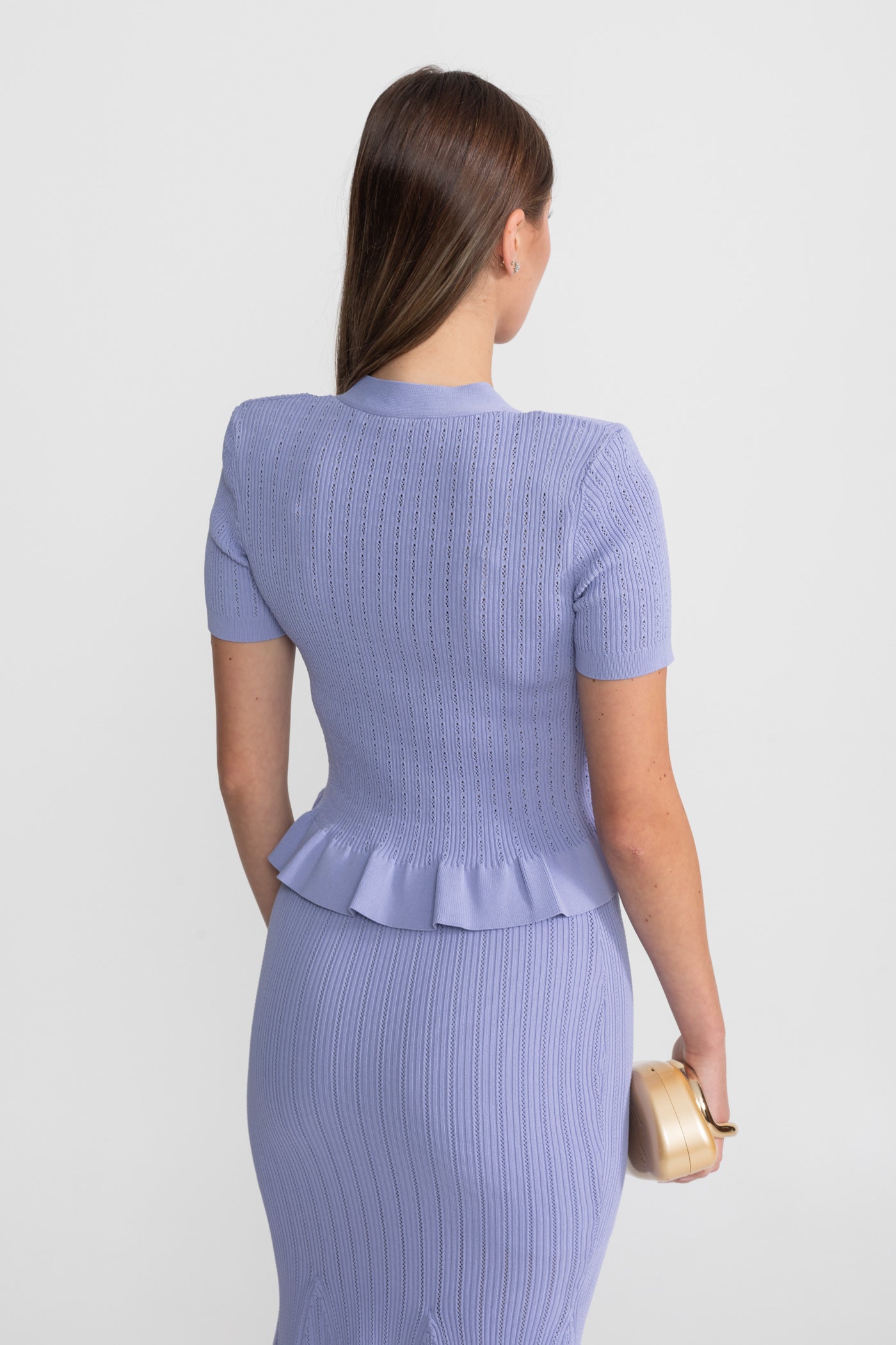 Knit Midi Dress with Peplum Waist and Gold Buttons  – Lilac