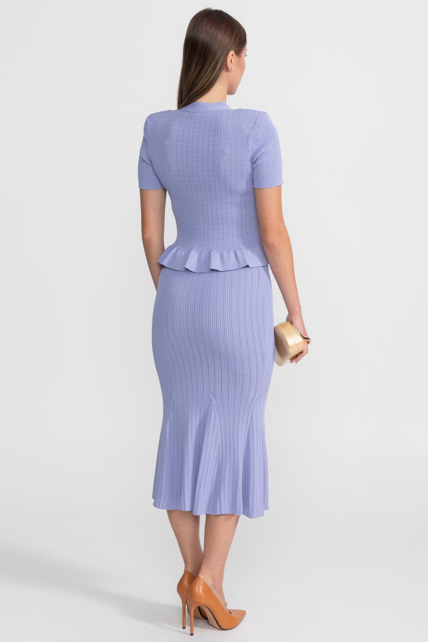 Knit Midi Dress with Peplum Waist and Gold Buttons  – Lilac