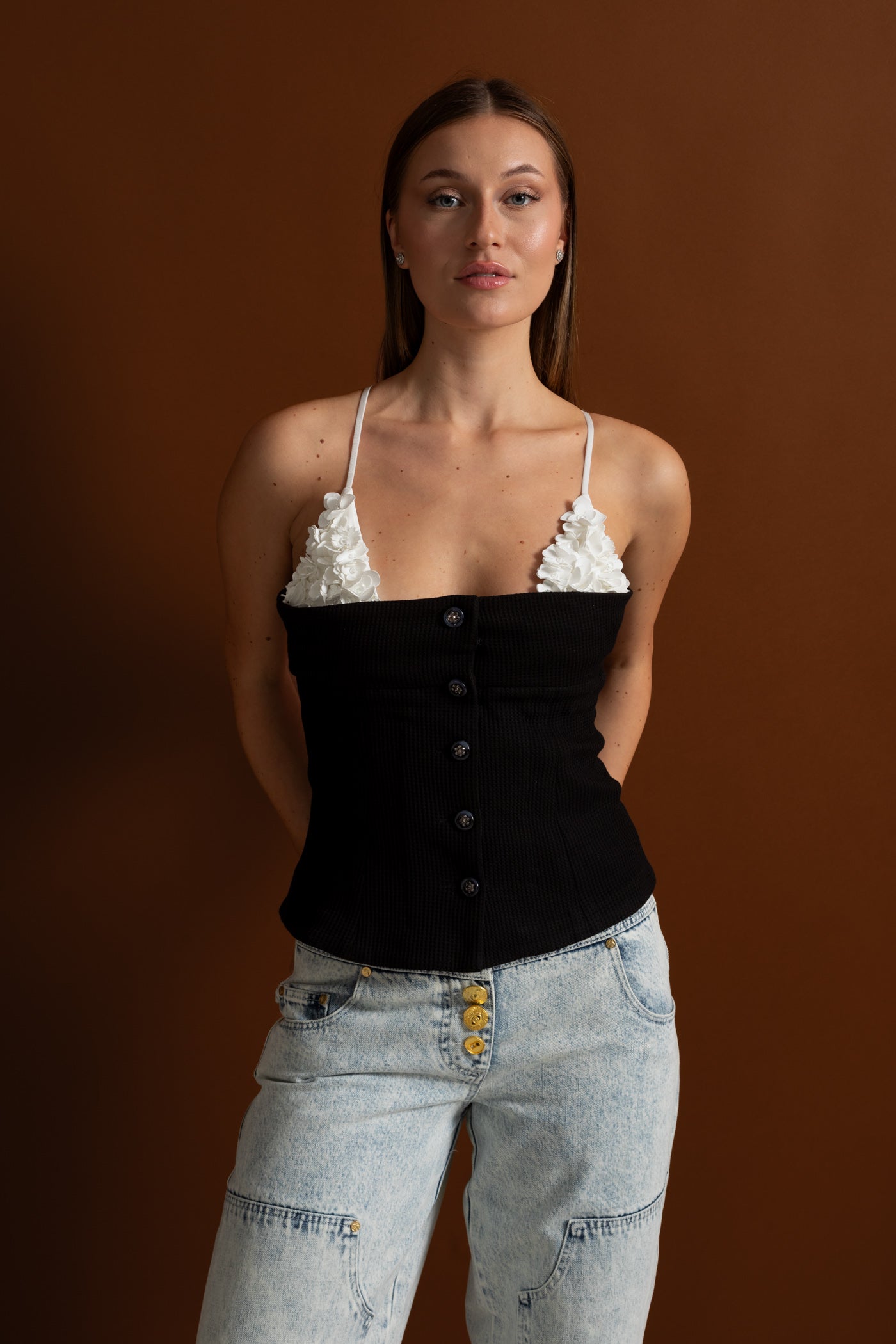 Contrast Floral Appliqué Bustier Top – Black/White