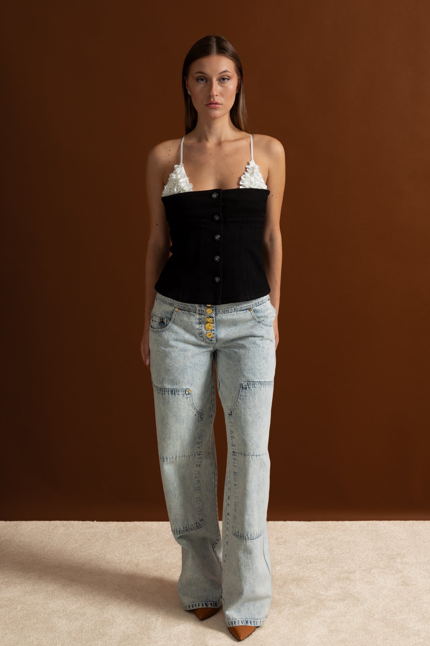 Contrast Floral Appliqué Bustier Top – Black/White