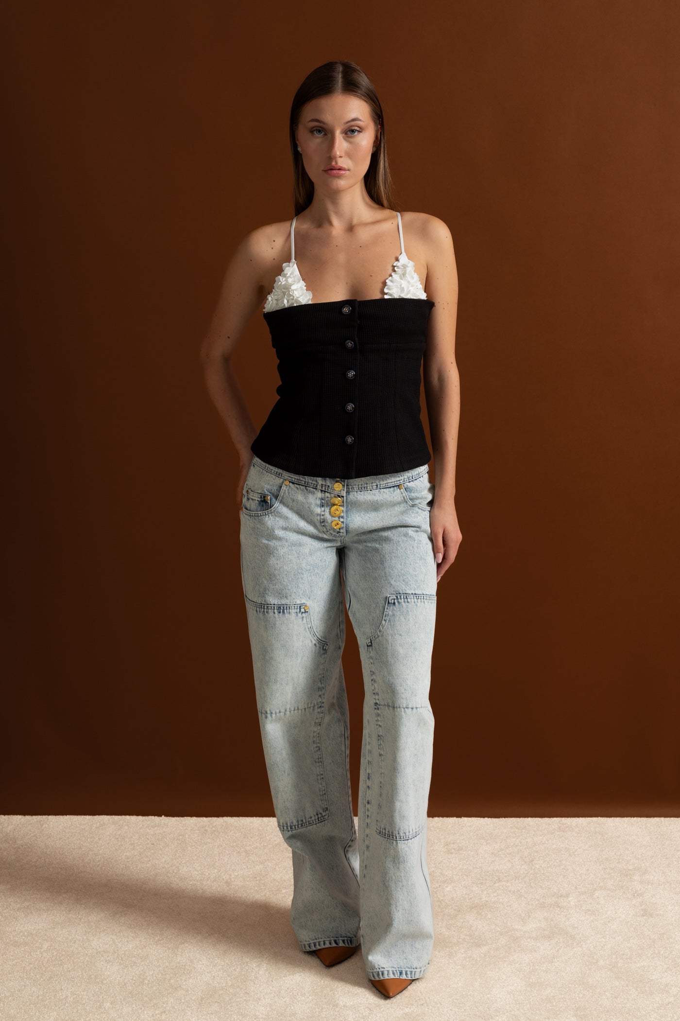 Contrast Floral Appliqué Bustier Top – Black/White