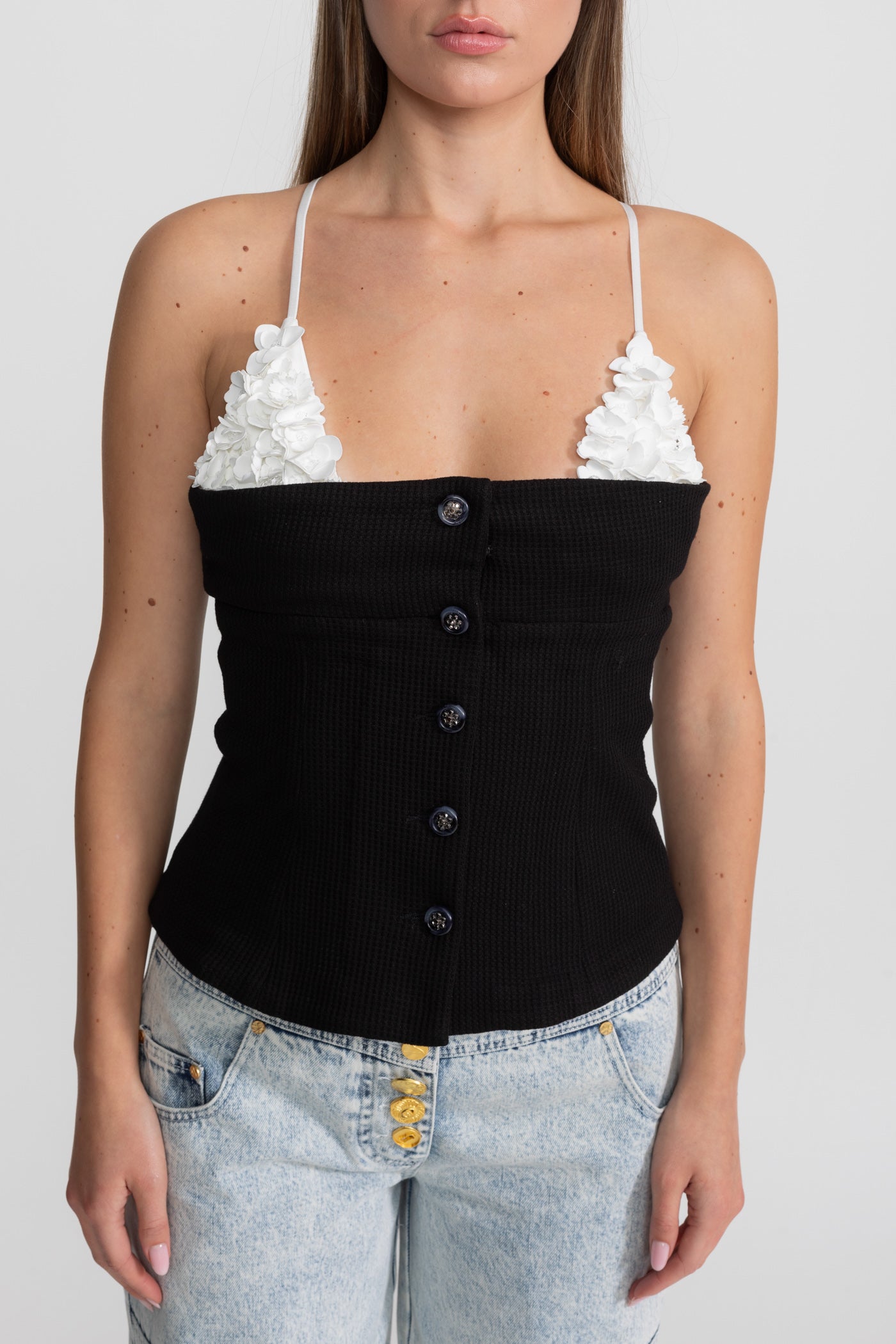 Contrast Floral Appliqué Bustier Top – Black/White
