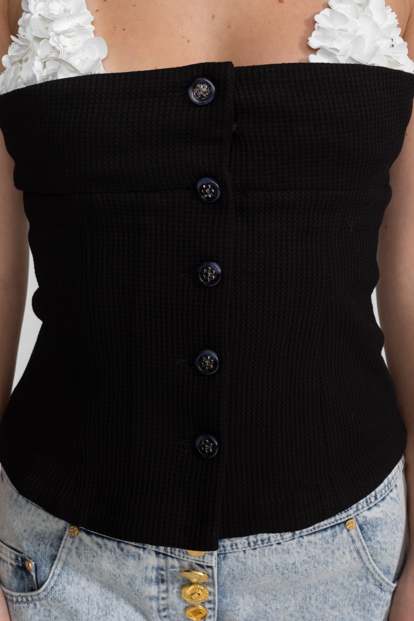 Contrast Floral Appliqué Bustier Top – Black/White