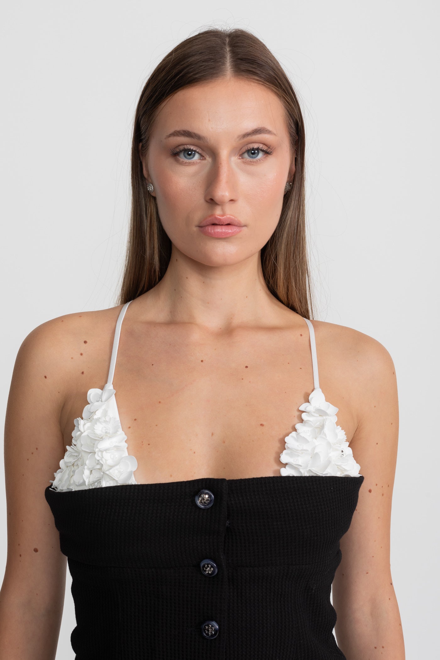 Contrast Floral Appliqué Bustier Top – Black/White