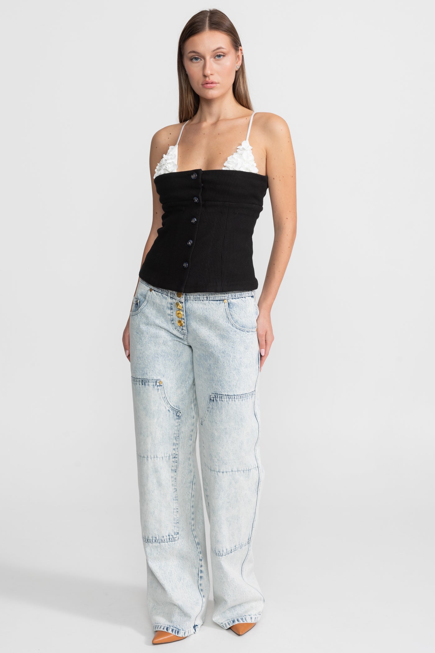 Contrast Floral Appliqué Bustier Top – Black/White