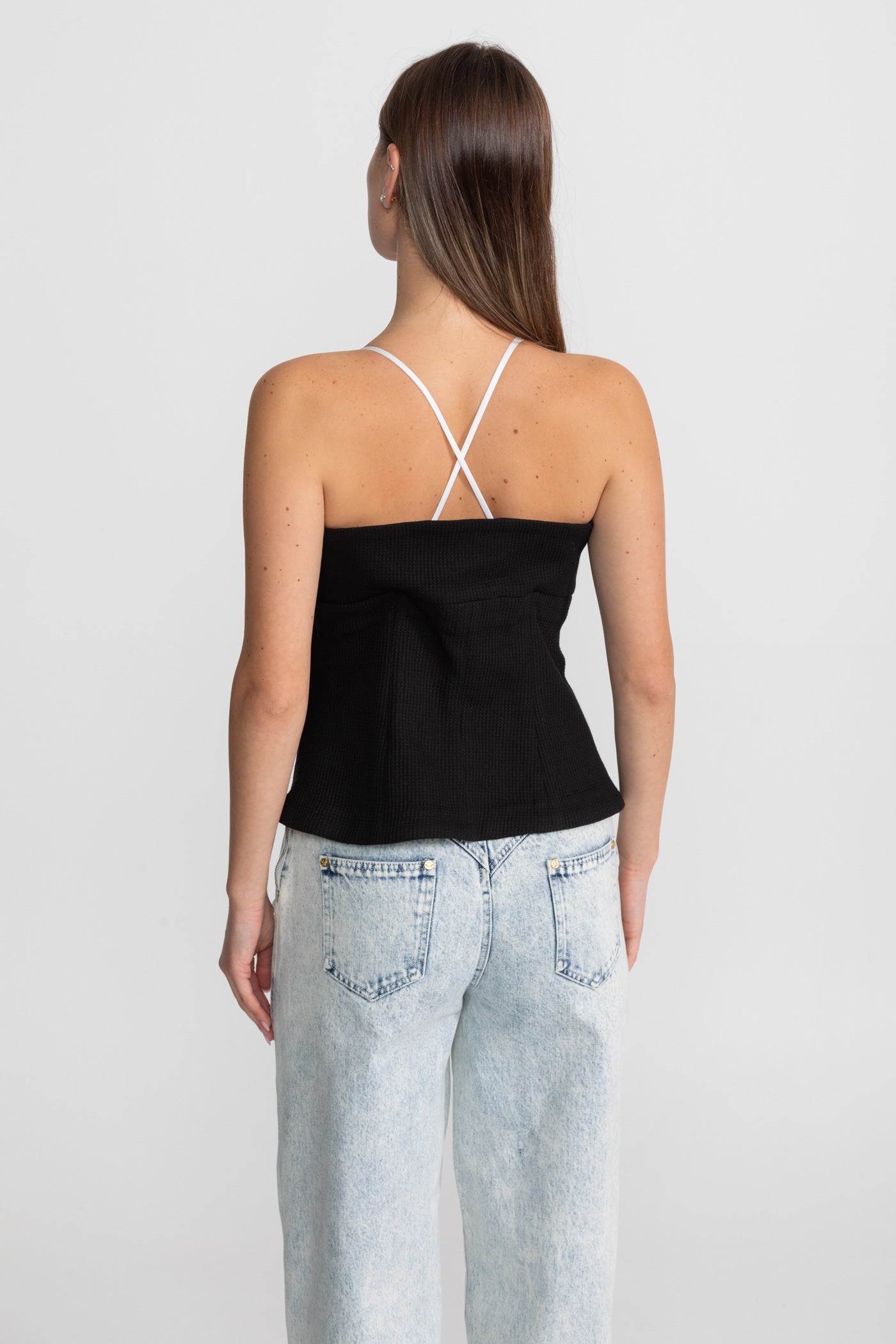 Contrast Floral Appliqué Bustier Top – Black/White