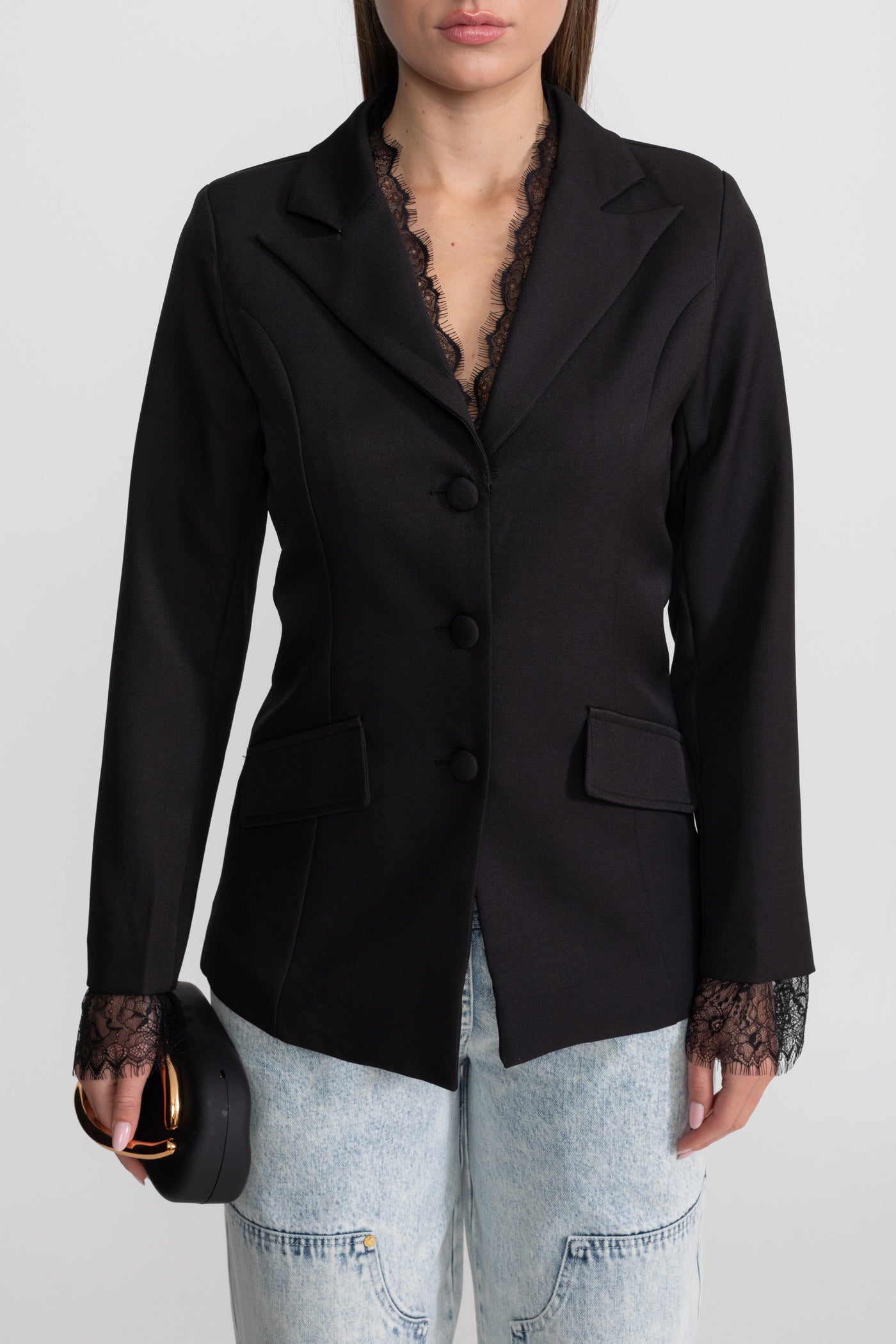 Tailored Lace-Trim Blazer With Tonal Button Closure – Black