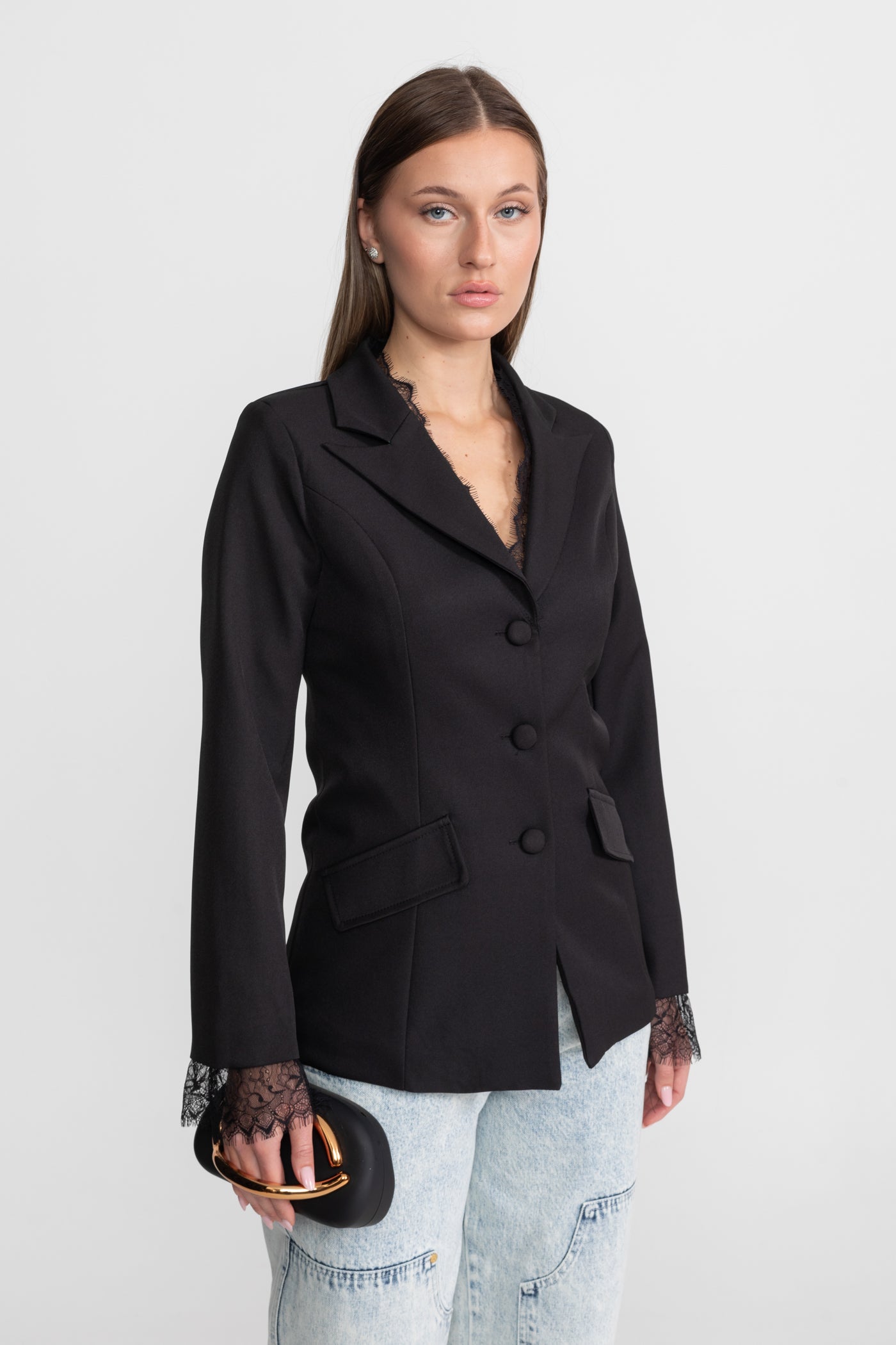 Tailored Lace-Trim Blazer With Tonal Button Closure – Black