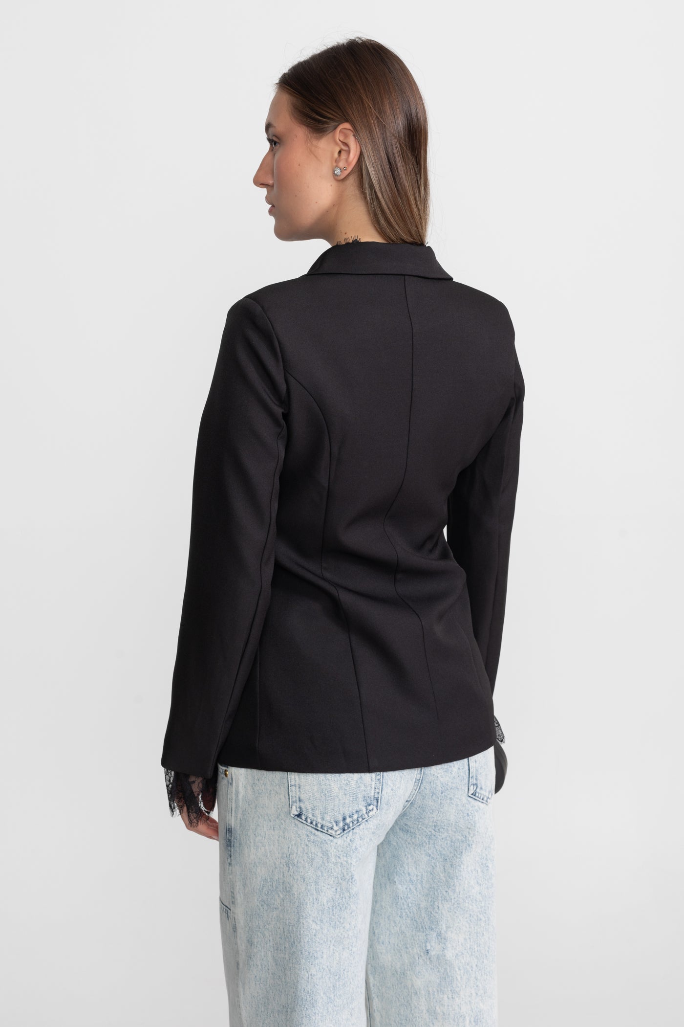 Tailored Lace-Trim Blazer With Tonal Button Closure – Black