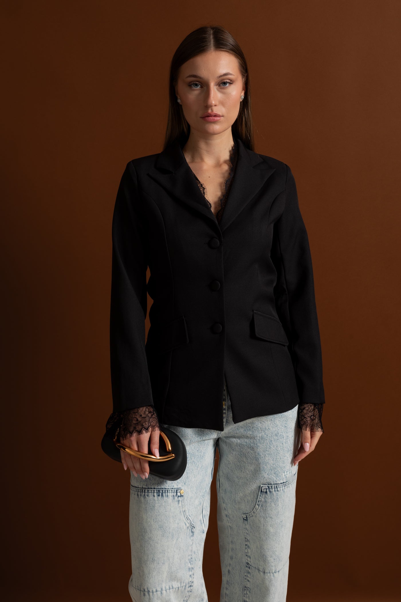 Tailored Lace-Trim Blazer With Tonal Button Closure – Black