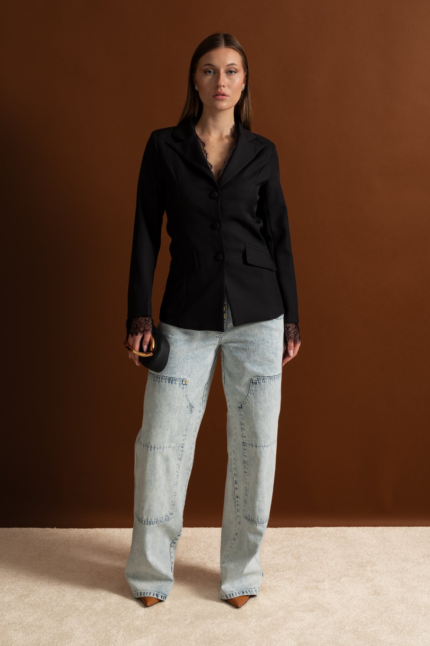 Tailored Lace-Trim Blazer With Tonal Button Closure – Black