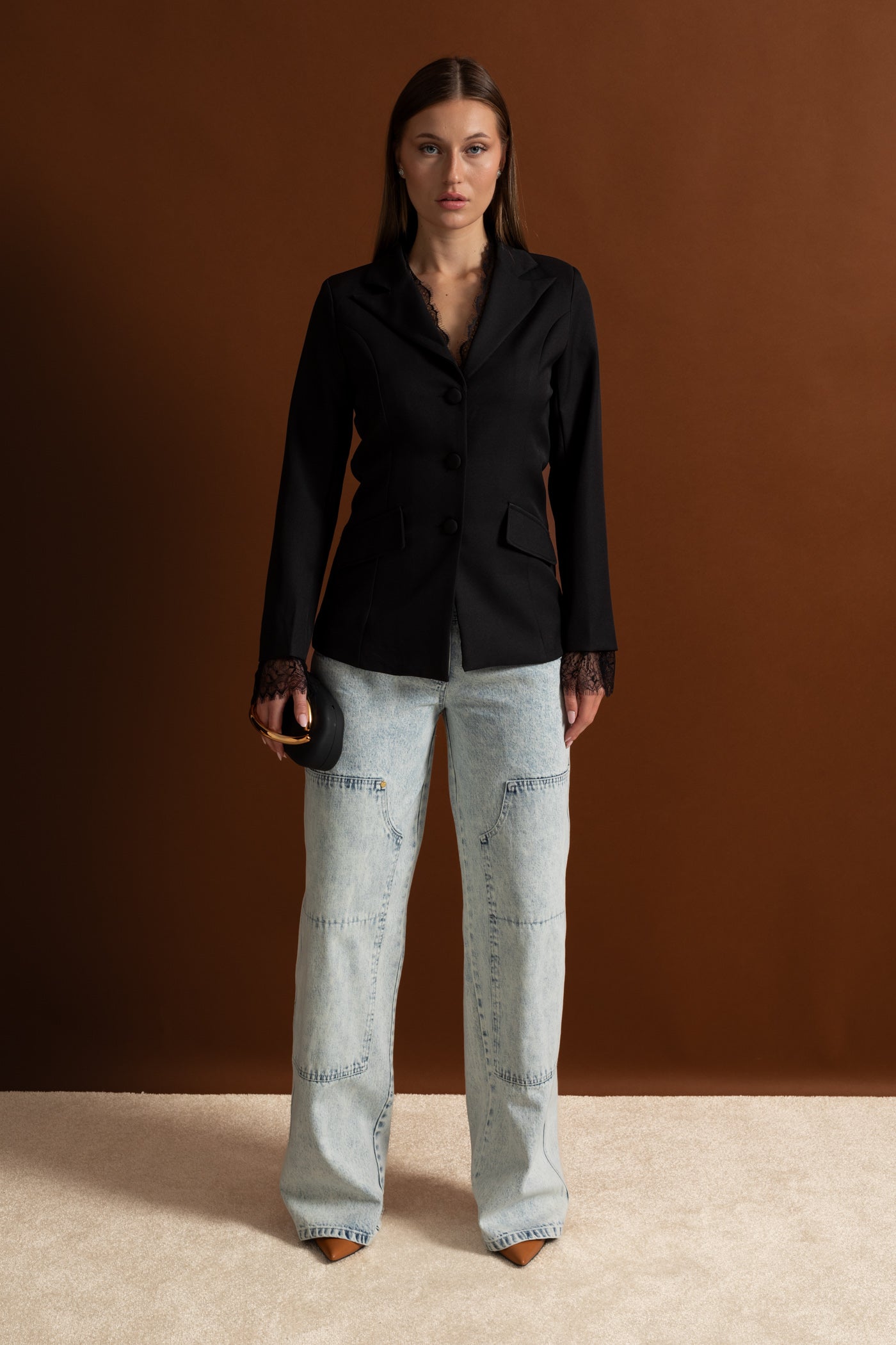 Tailored Lace-Trim Blazer With Tonal Button Closure – Black