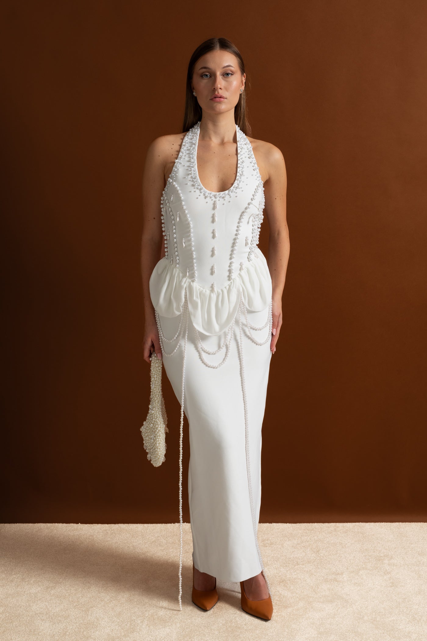 Embellished Halter Maxi Dress With Gathered Peplum Detail – White