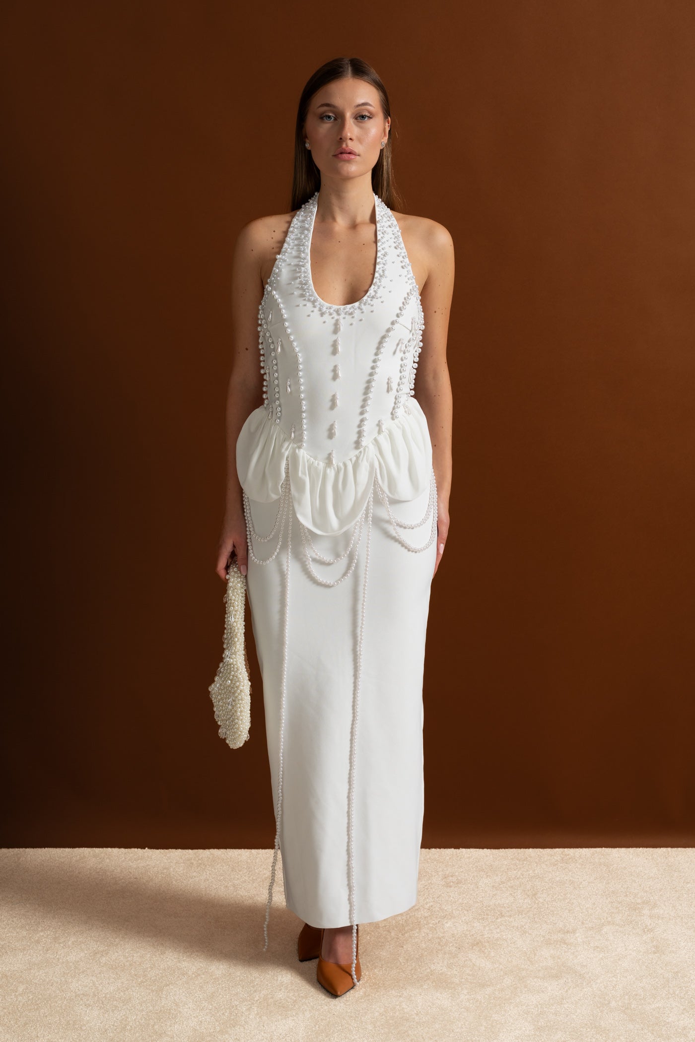Embellished Halter Maxi Dress With Gathered Peplum Detail – White